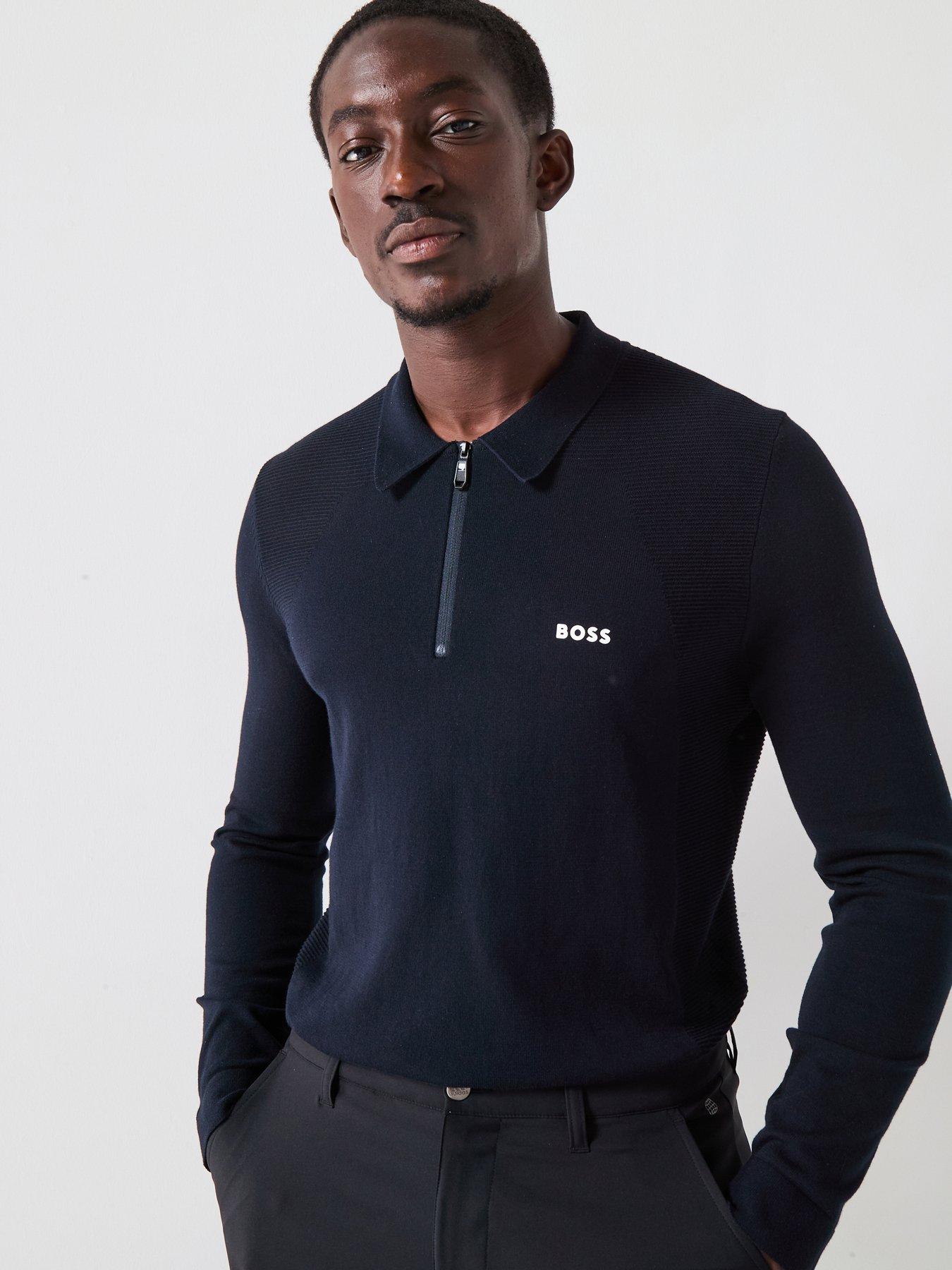 BOSS Mens Golf Regular Fit Momentum Lite Long Sleeve Polo - Dark Blue