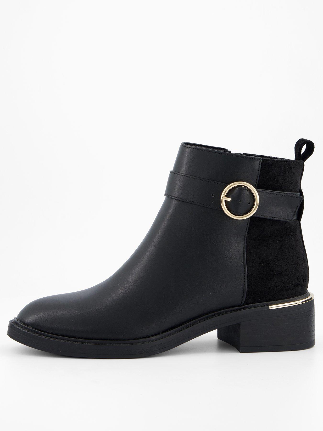 V by Very Wide Fit Buckle Strap Flat Ankle Boot - Black