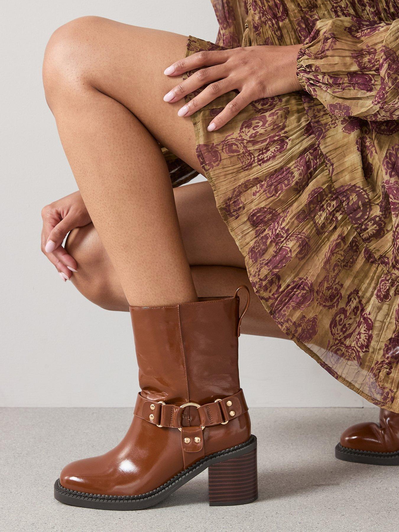 V by Very Mid Calf Low Block Biker Boot - Brown