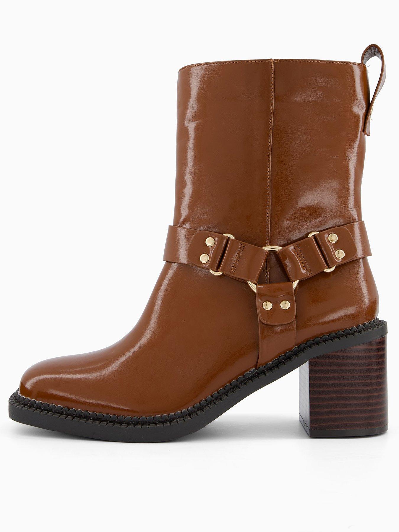 V by Very Mid Calf Low Block Biker Boot - Brown