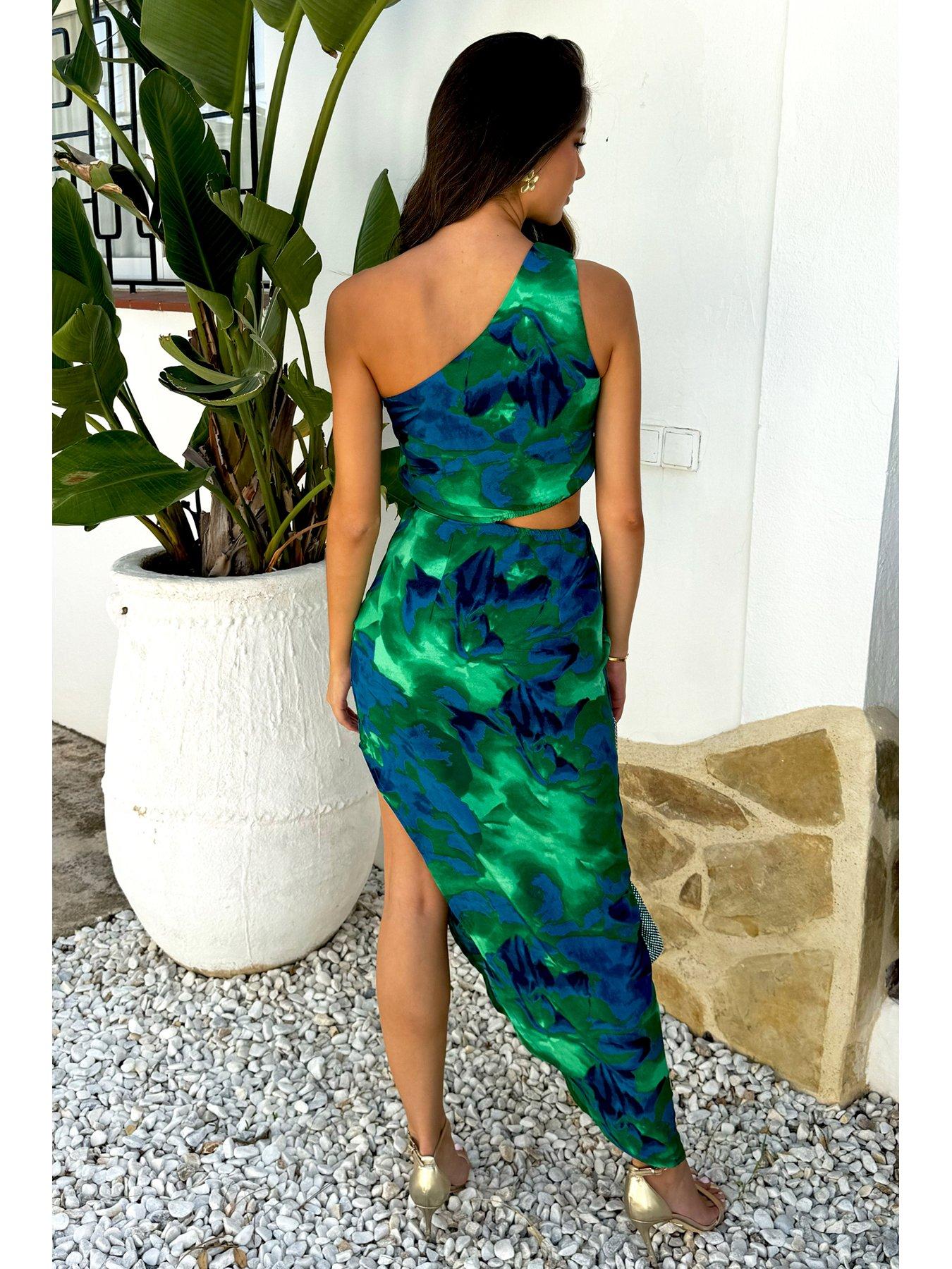 AX Paris Abstract Print One Shoulder Asymmetric Midi Dress - Green |  Littlewoods