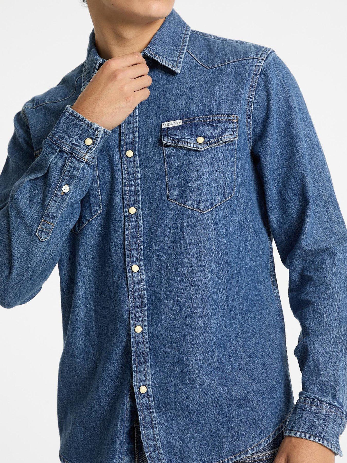 Image 5 of 6 of Guess Jeans Slim Long Sleeve Denim Shirt- Blue