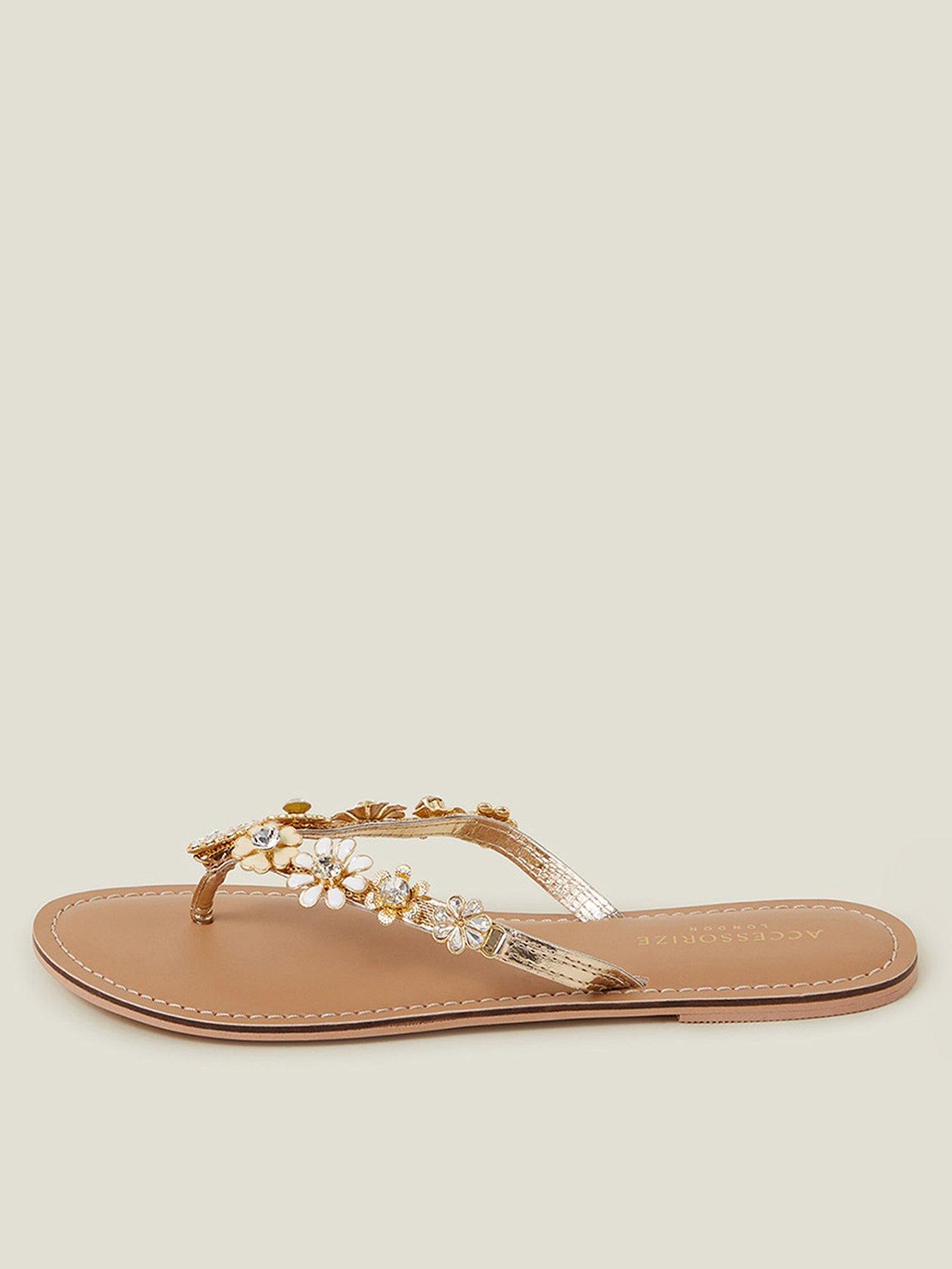  image of accessorize-diamante-flower-flip-flop-sandals-gold
