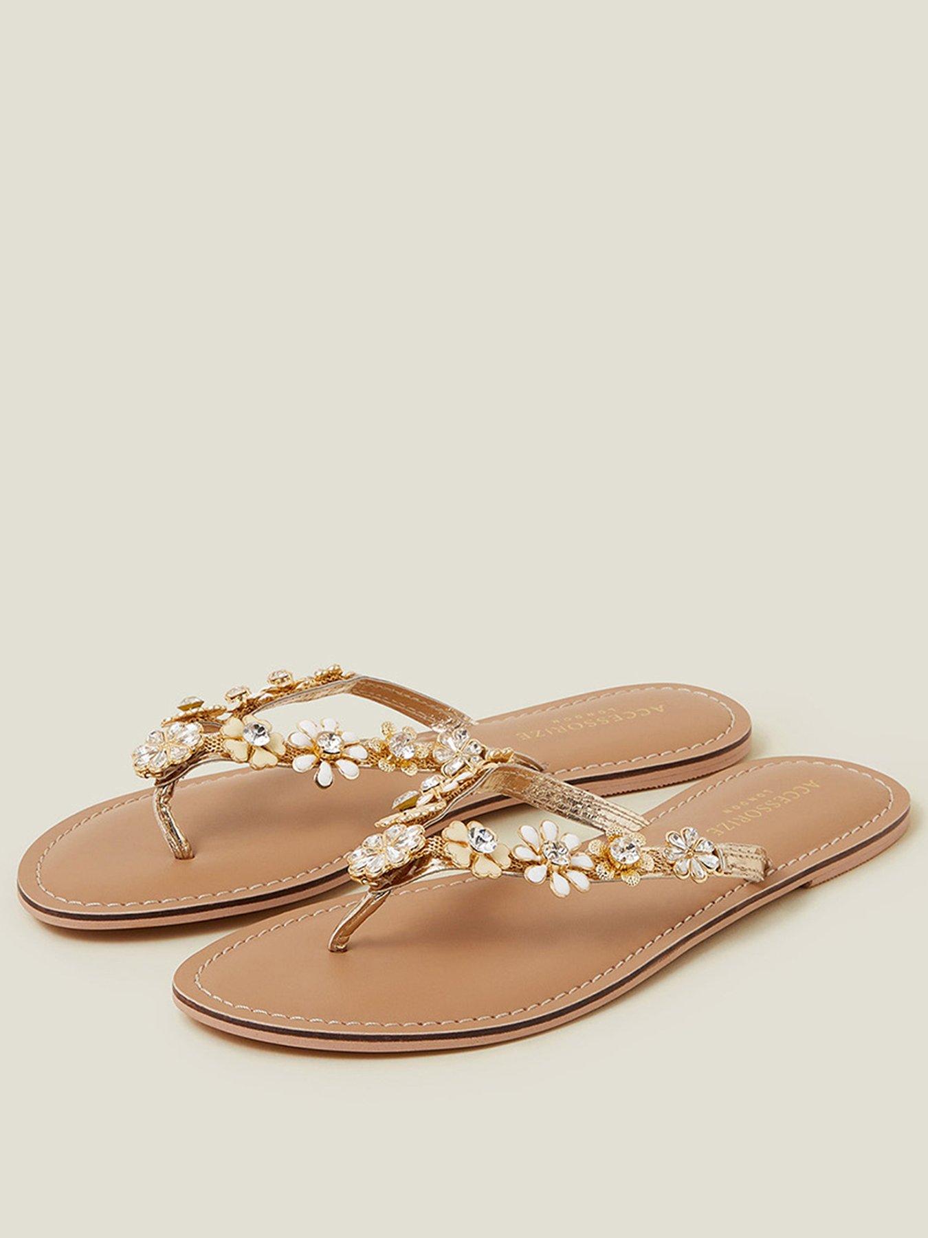  image of accessorize-diamante-flower-flip-flop-sandals-gold