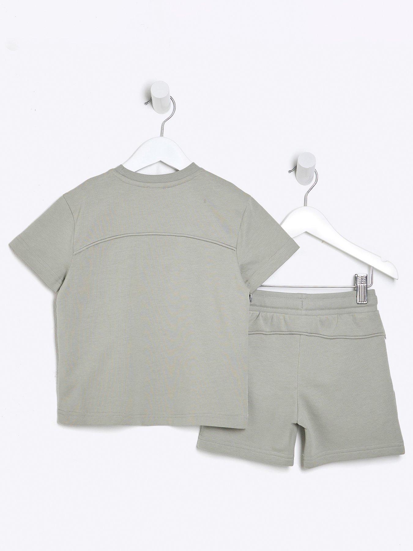 Image 2 of 5 of River Island Mini Boys Piped T-Shirt And Shorts Set - Khaki