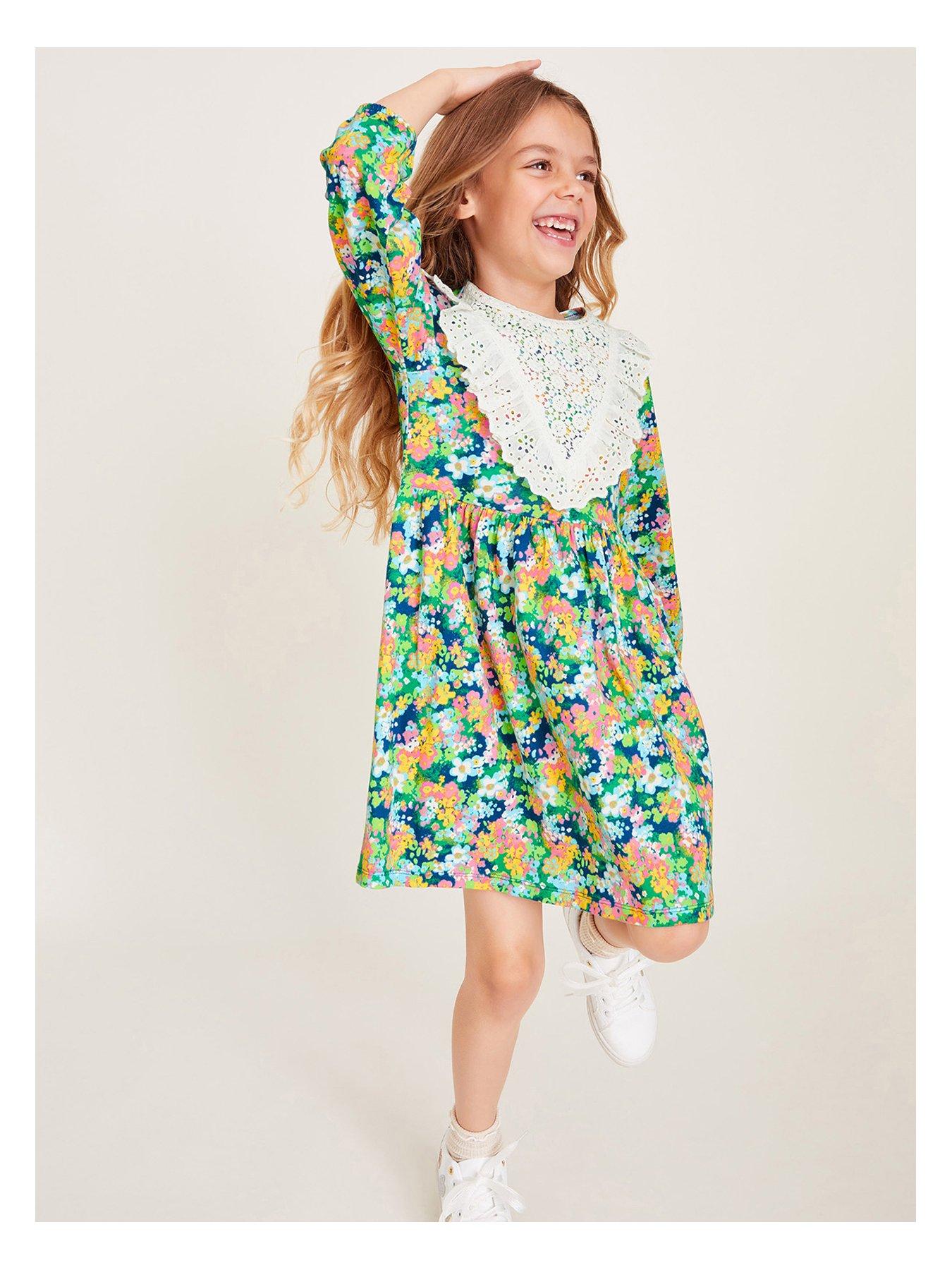 undefined Girls Long Sleeve Floral Lace Yoke Dress - Green