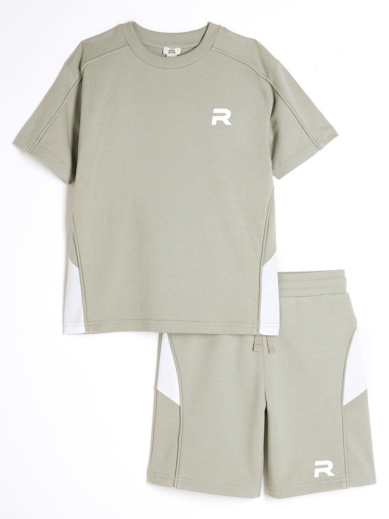 undefined Boys Block Piped T-shirt And Short Set - Khaki