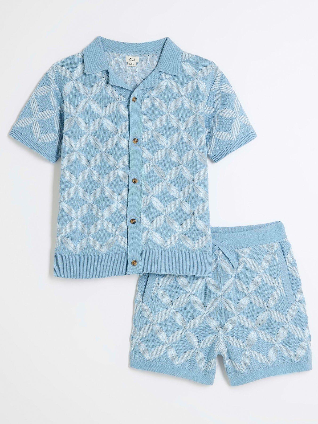  image of river-island-boys-geometric-polo-shorts-set-blue