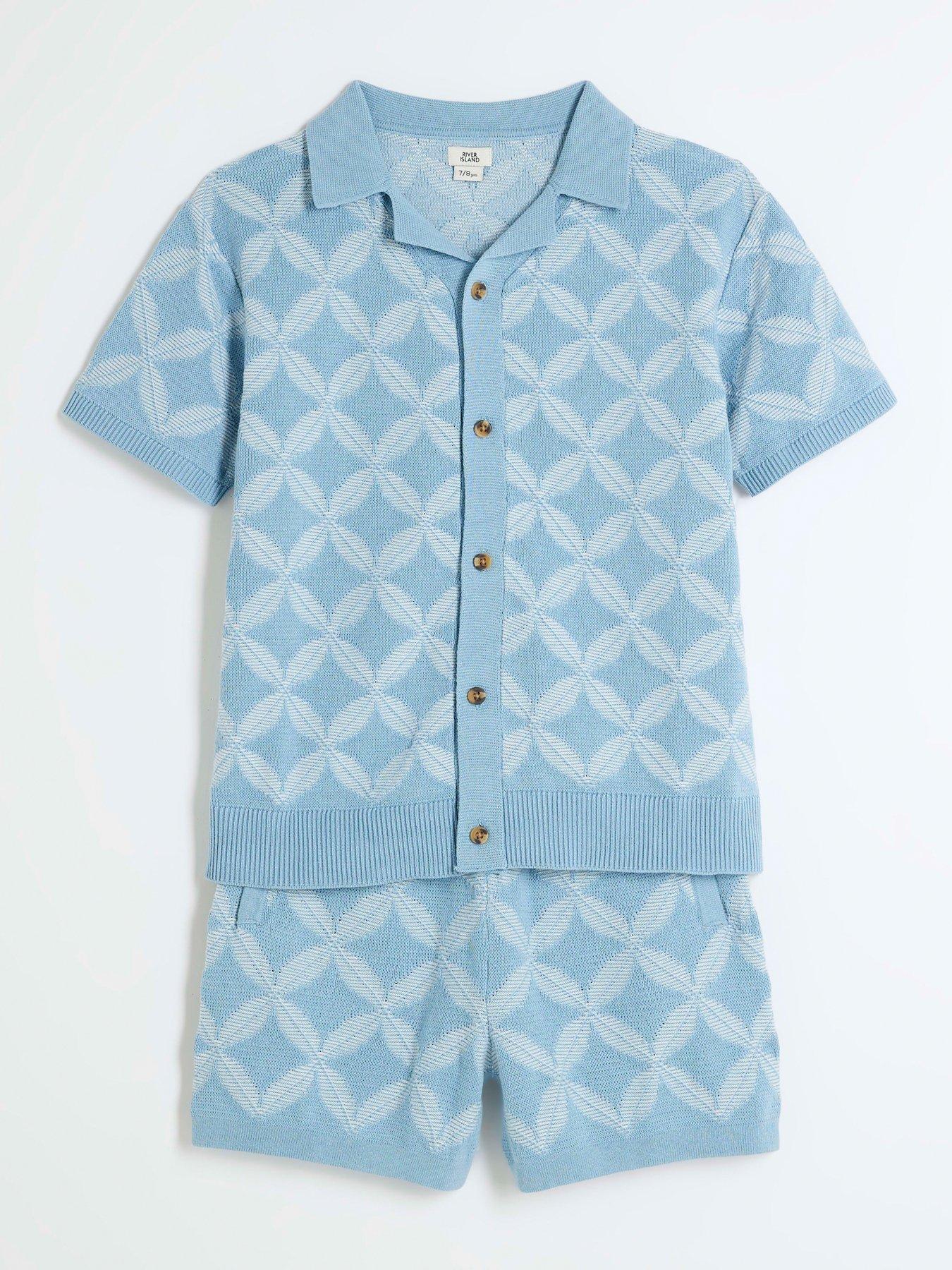  image of river-island-boys-geometric-polo-shorts-set-blue