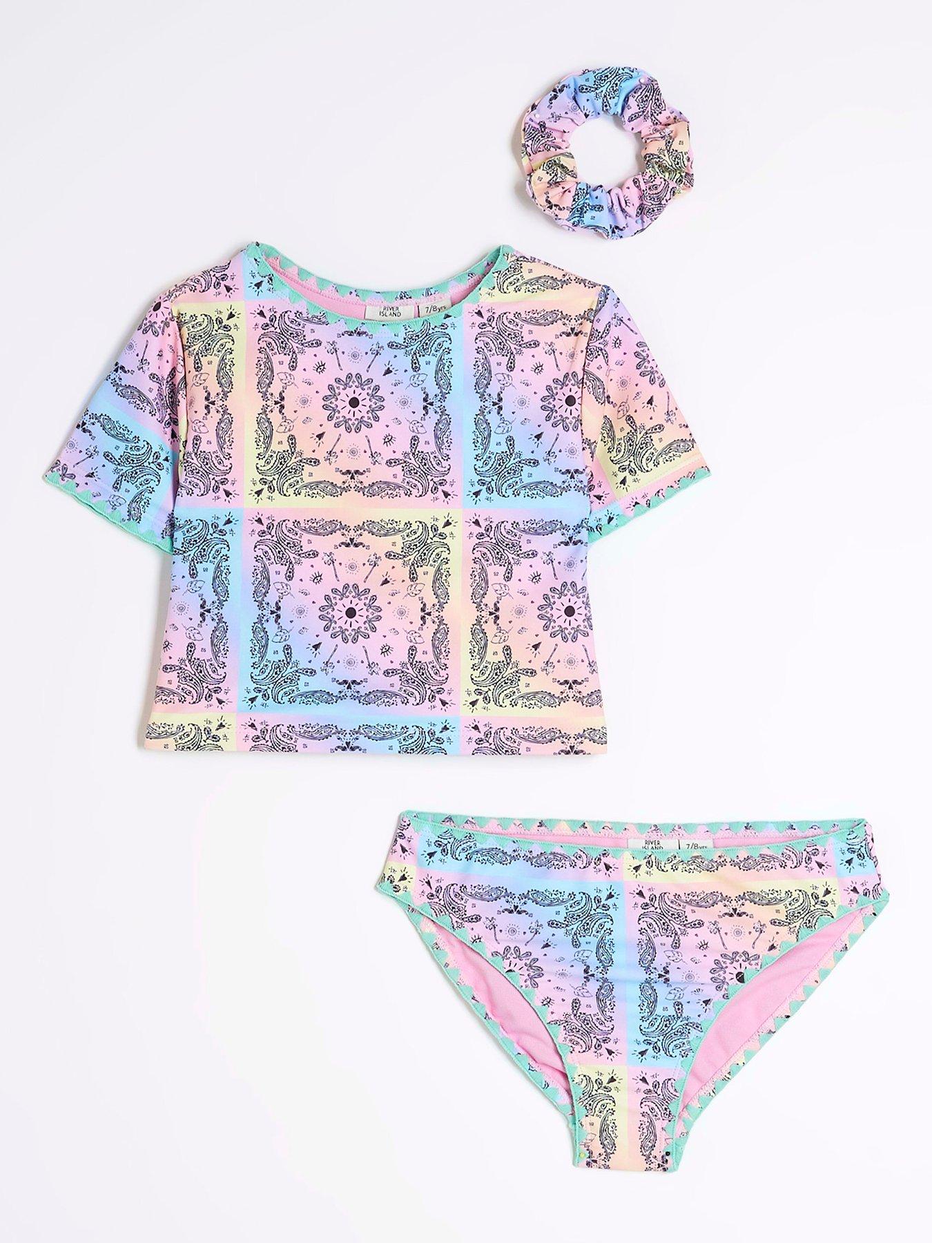  image of river-island-girls-bandana-print-t-shirt-bikini-set-purple