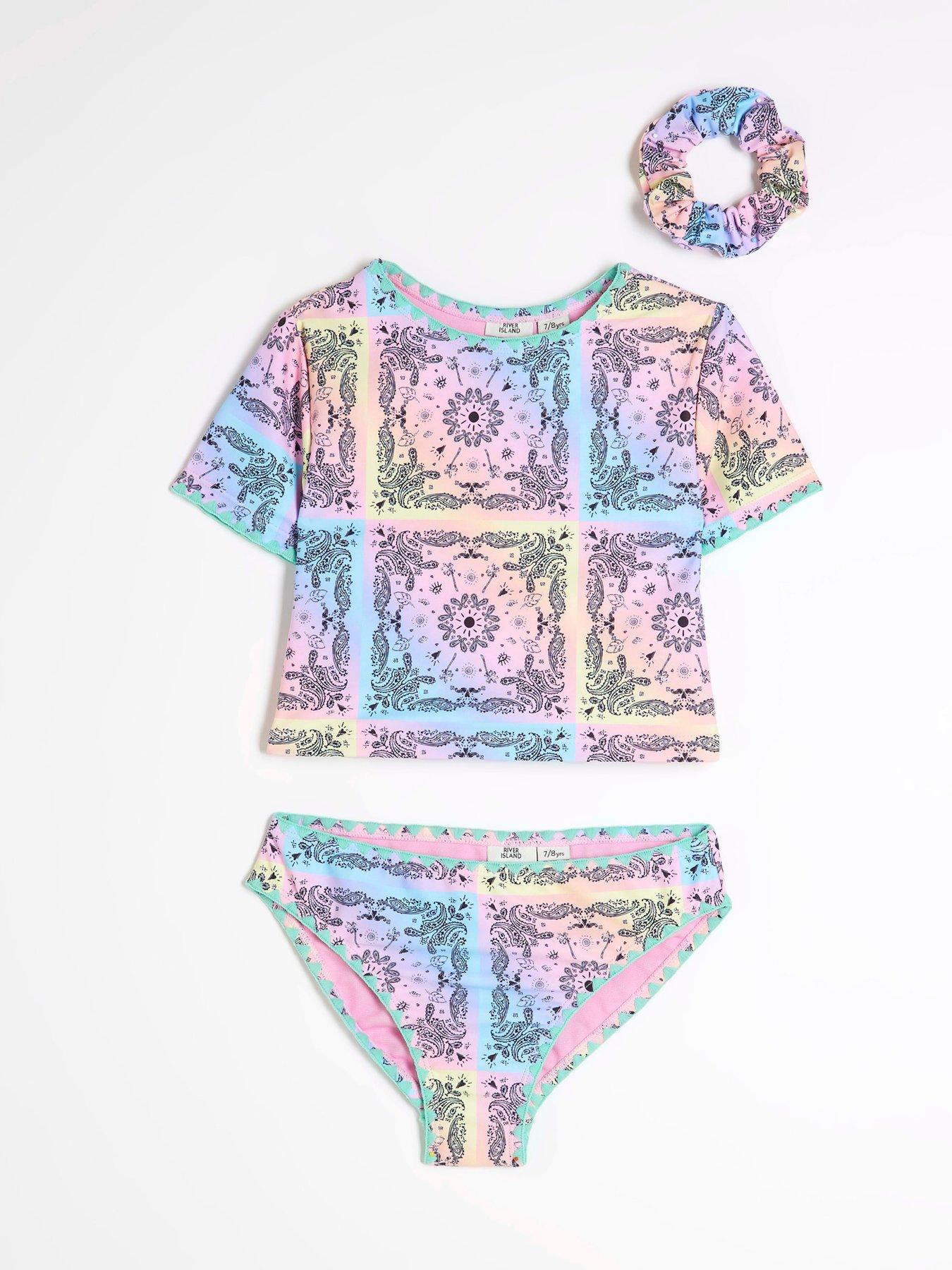  image of river-island-girls-bandana-print-t-shirt-bikini-set-purple