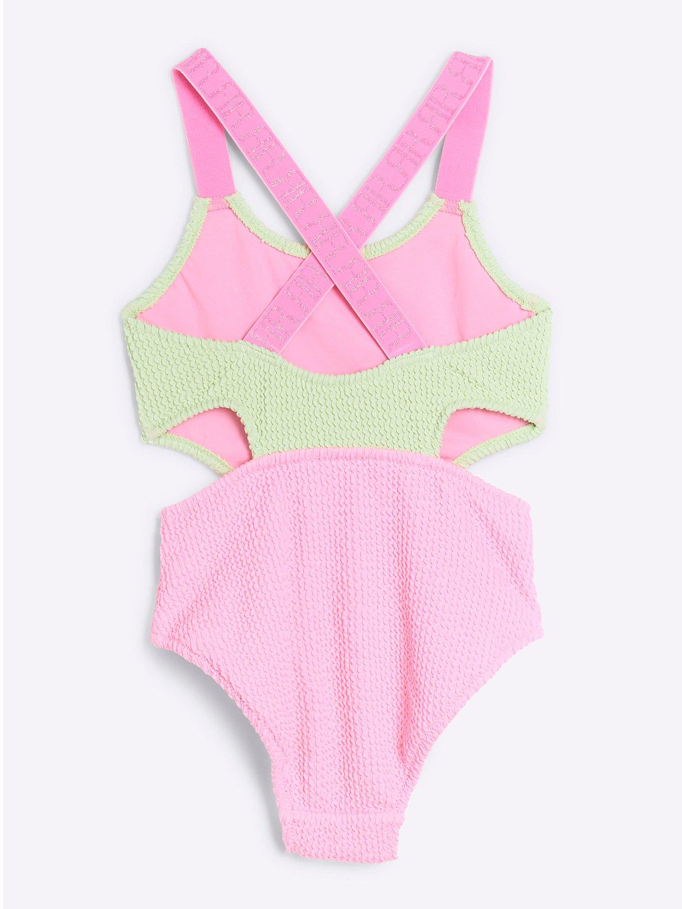  image of river-island-older-girl-elastic-colour-block-swimsuit-green