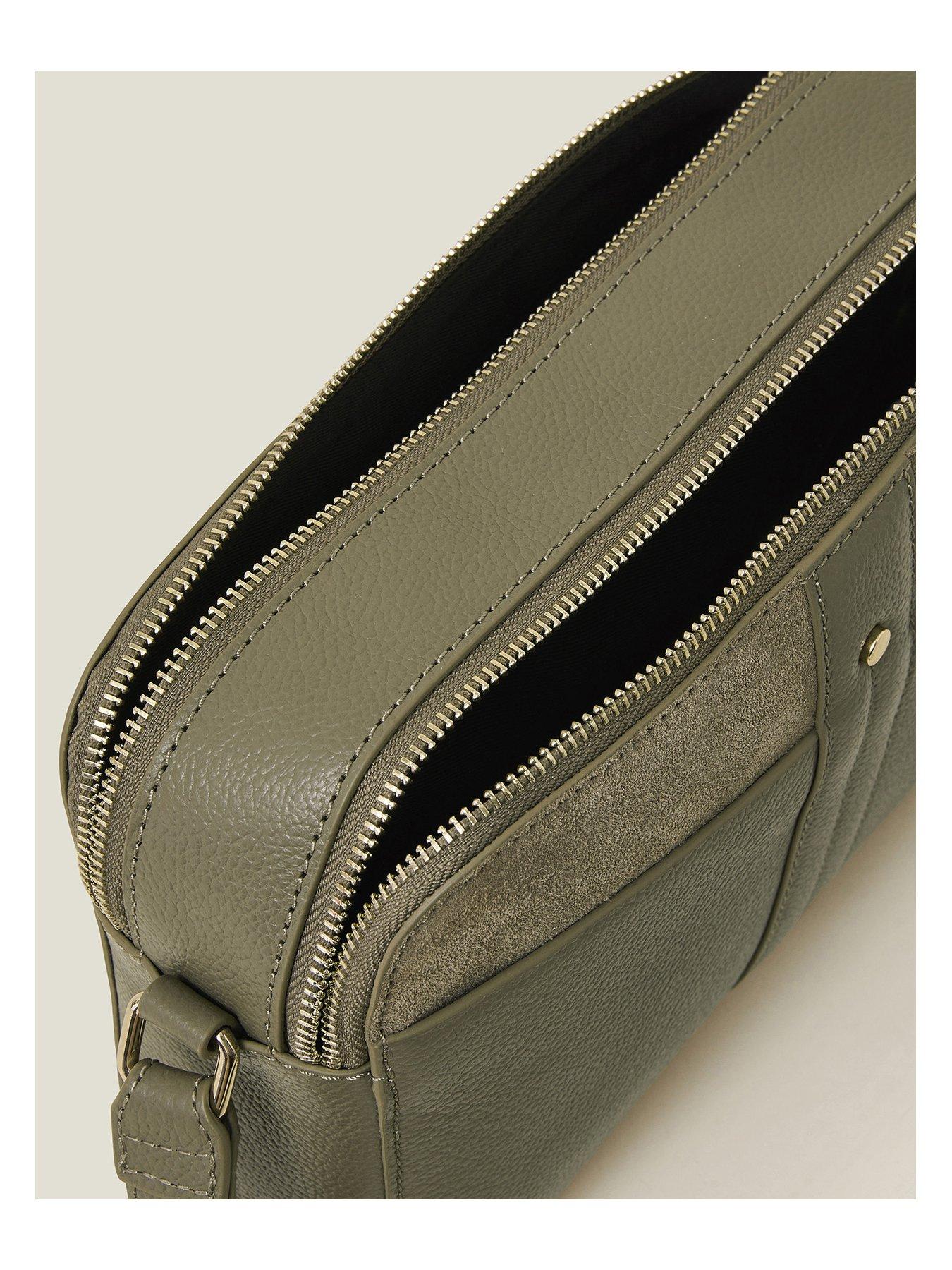 image of accessorize-leather-double-zip-cross-body-khaki