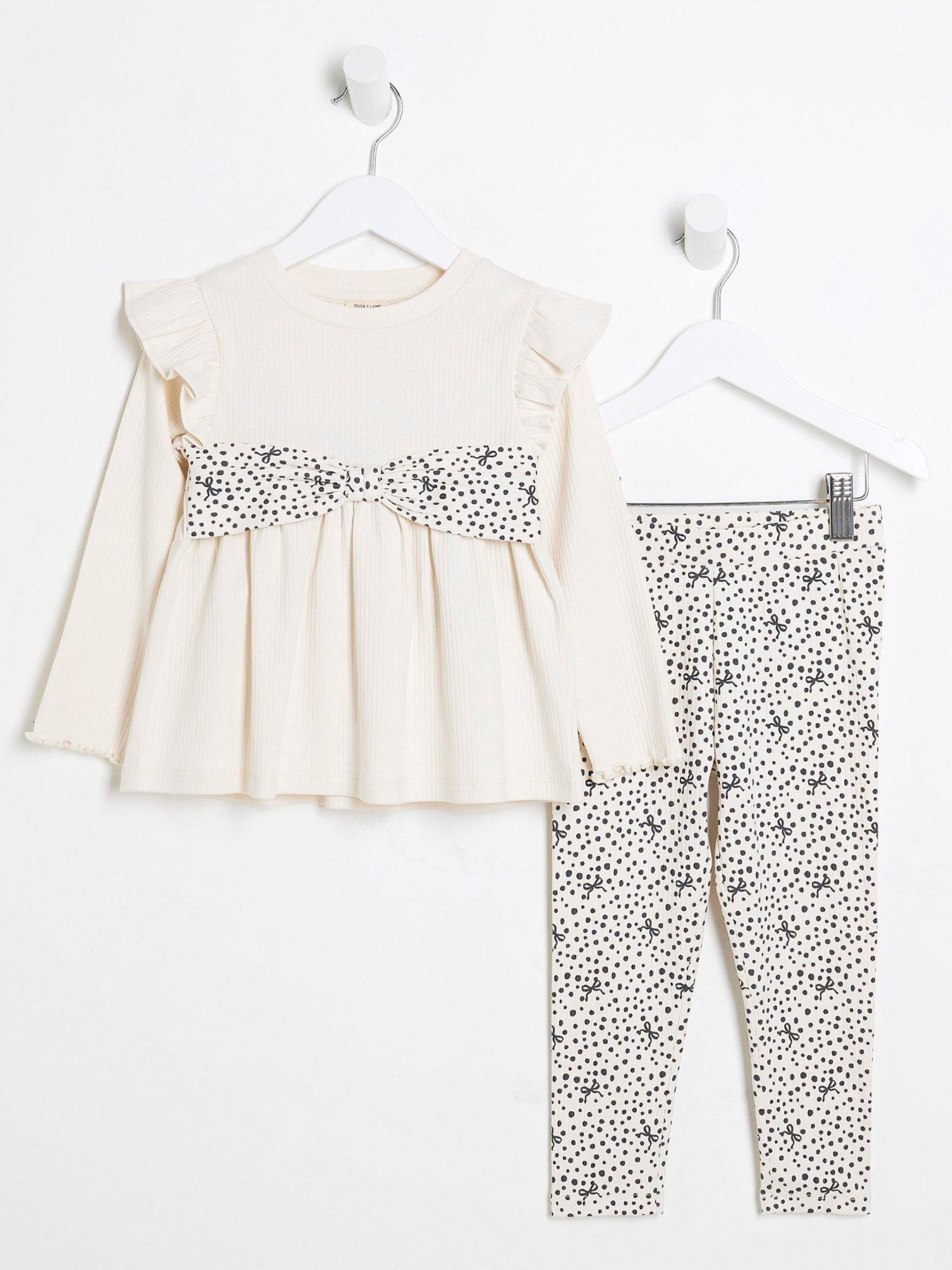  image of river-island-mini-mini-girls-bow-ribbed-peplum-top-set-cream