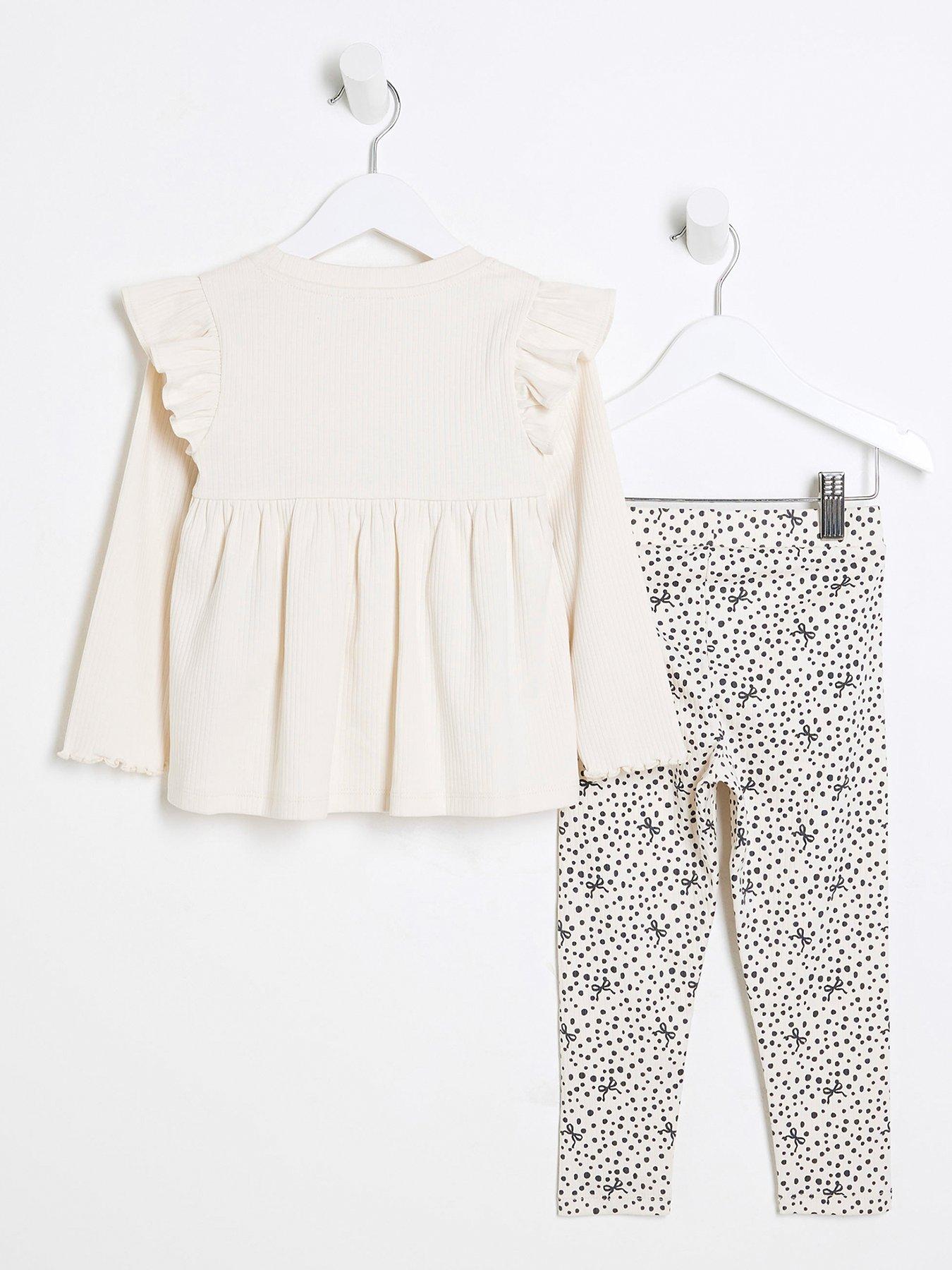  image of river-island-mini-mini-girls-bow-ribbed-peplum-top-set-cream