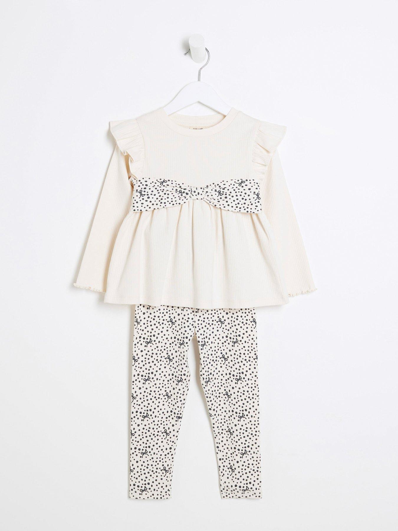  image of river-island-mini-mini-girls-bow-ribbed-peplum-top-set-cream