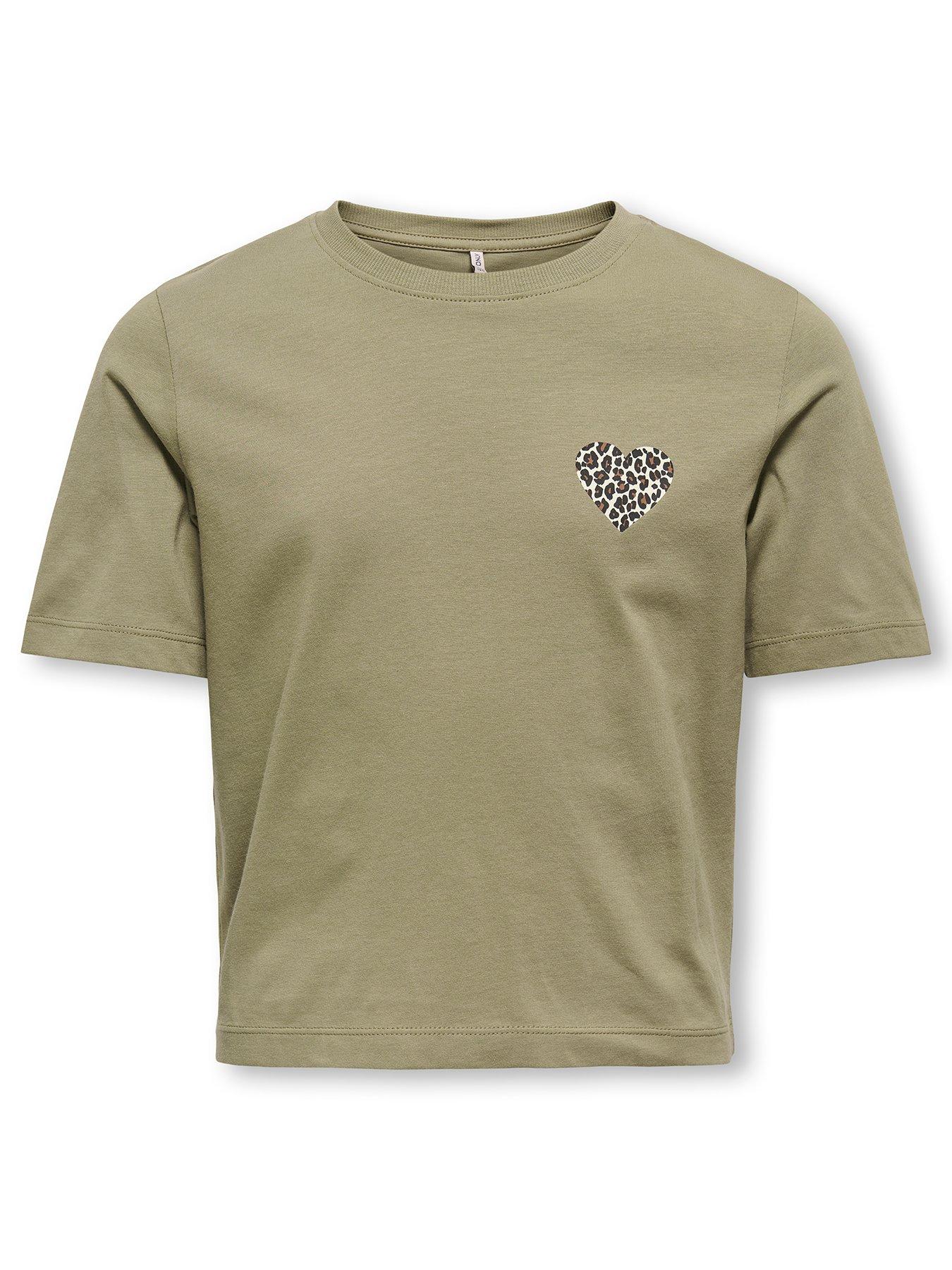 Only Kids Girls Leopard Print Heart Tshirt - Green
