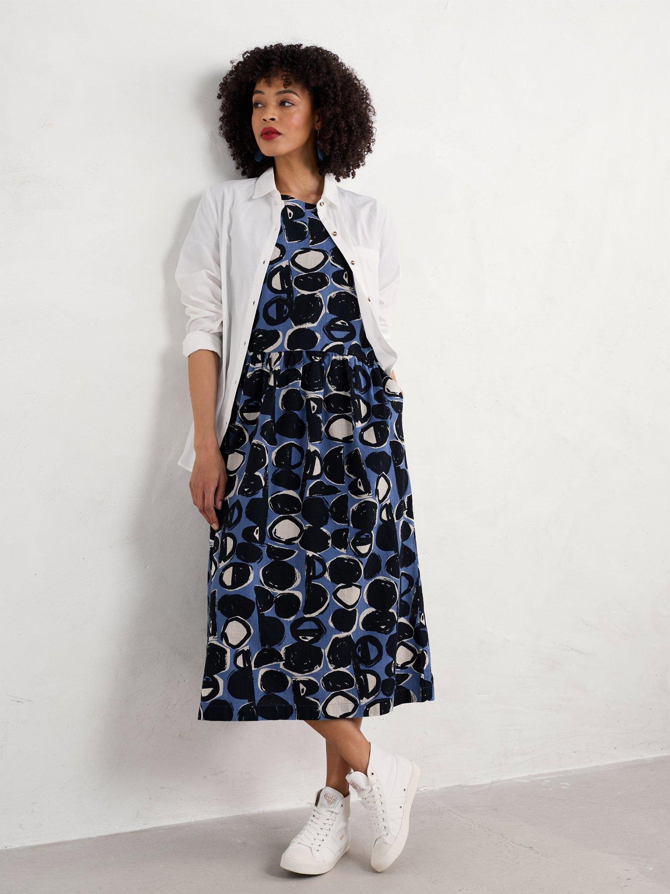  image of seasalt-cornwall-drop-waist-printed-shift-dress-navy