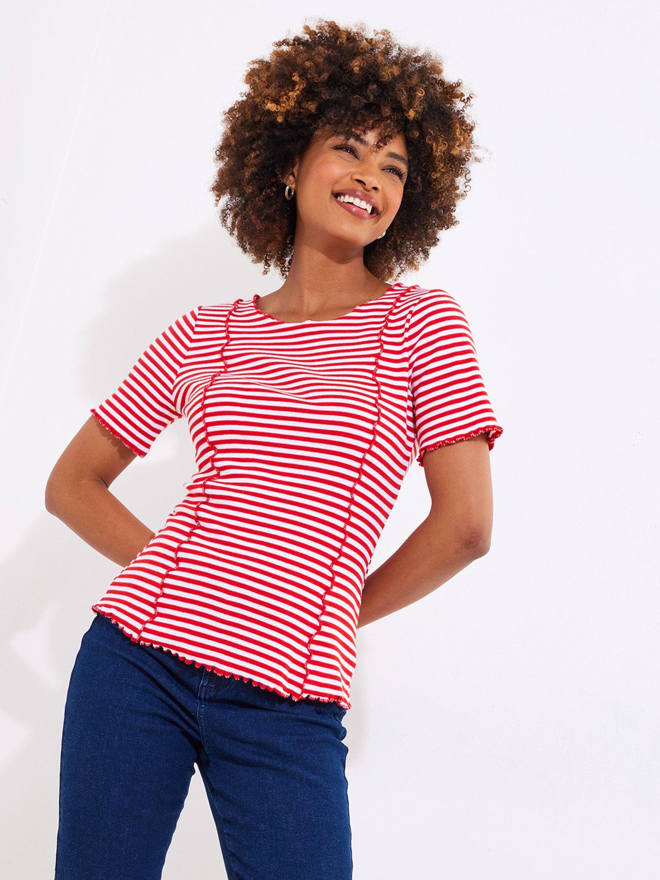 undefined Striped Short Sleeve Jersey Top - Red