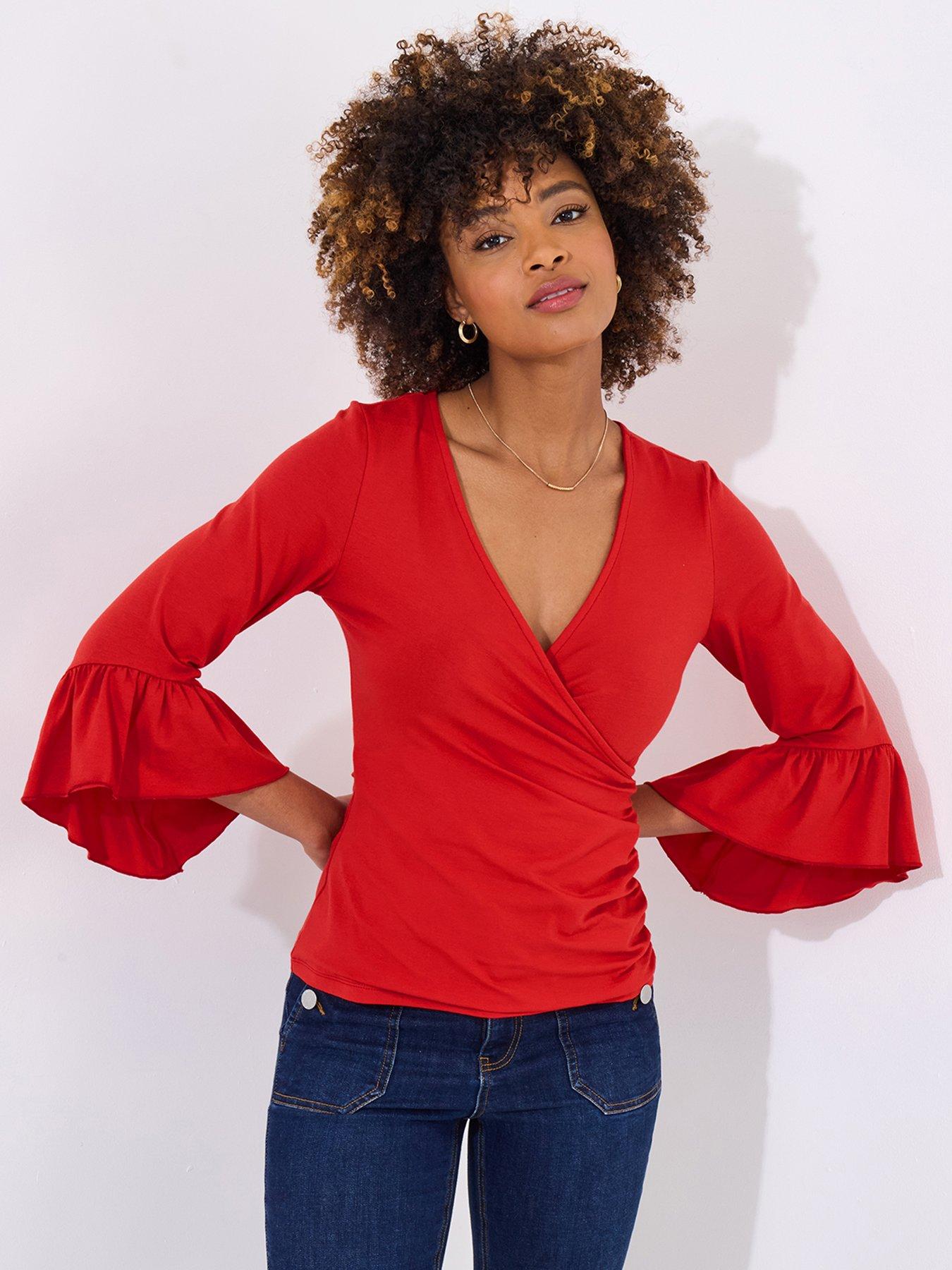 undefined Marcie Frill Sleeve Jersey Wrap Top - Red