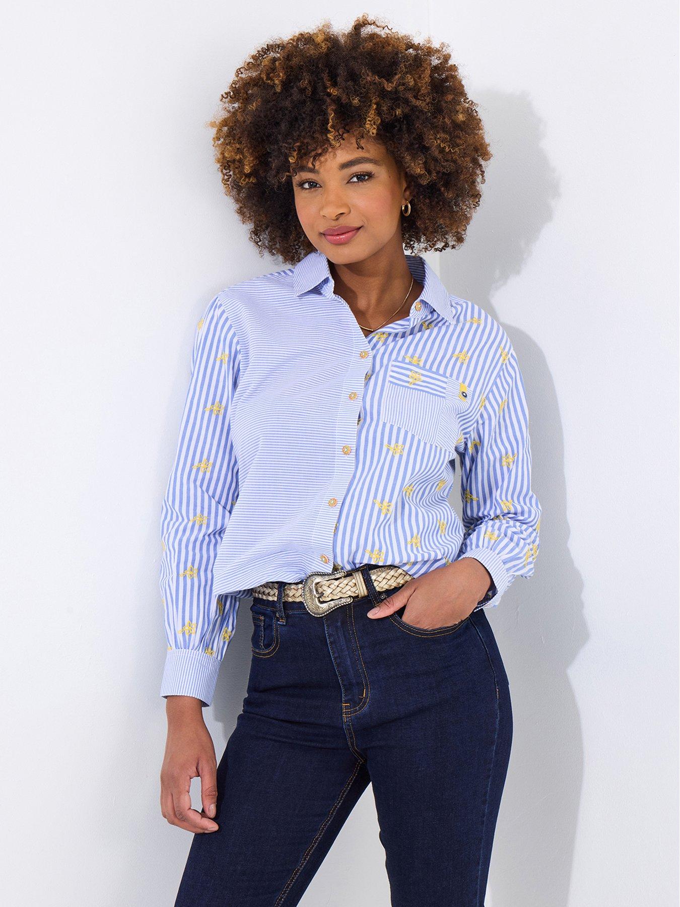 undefined Daisy Embroidered Stripe Cotton Shirt - Blue