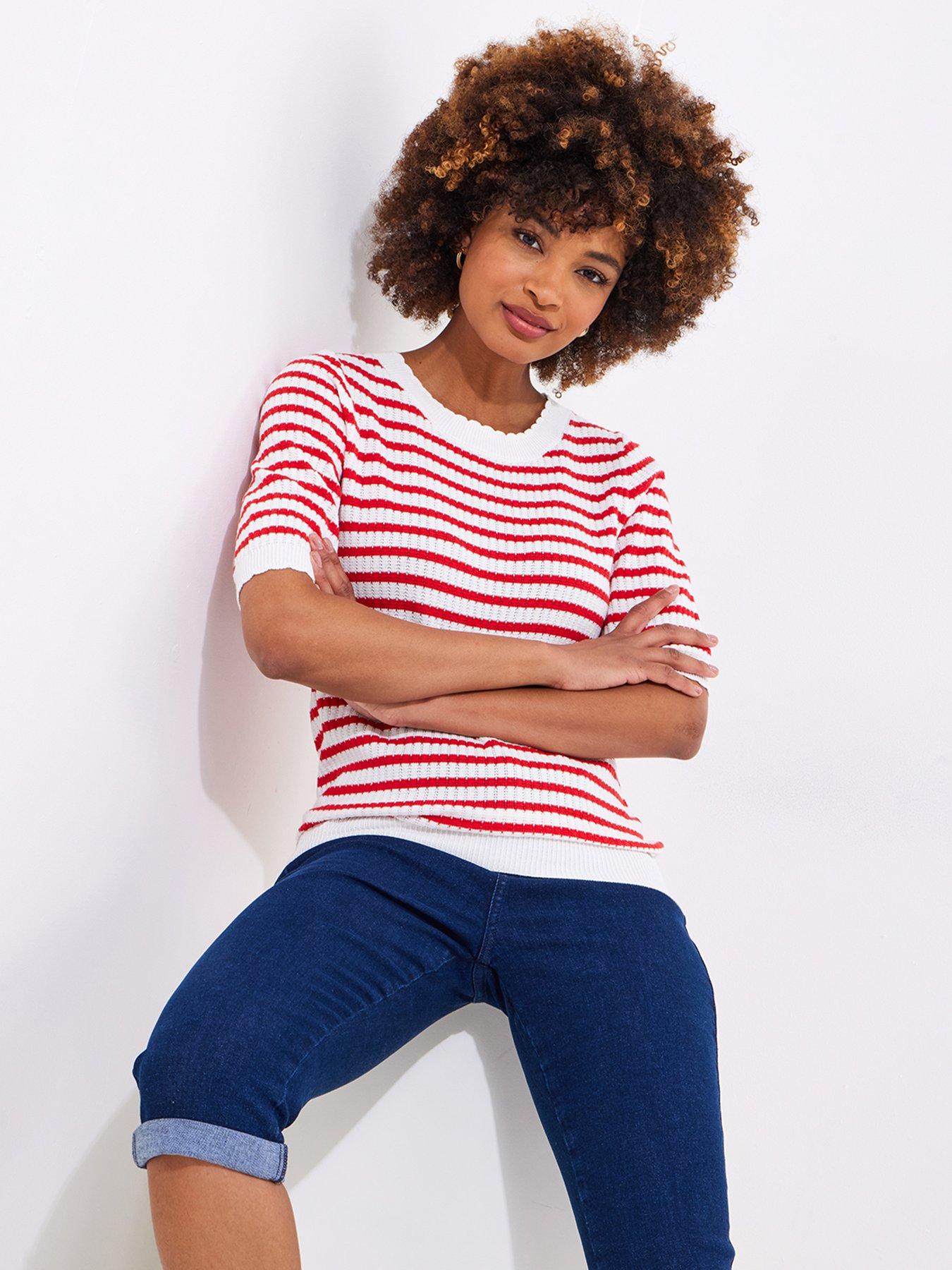  image of joe-browns-lucie-stripe-short-sleeve-knitted-top-red