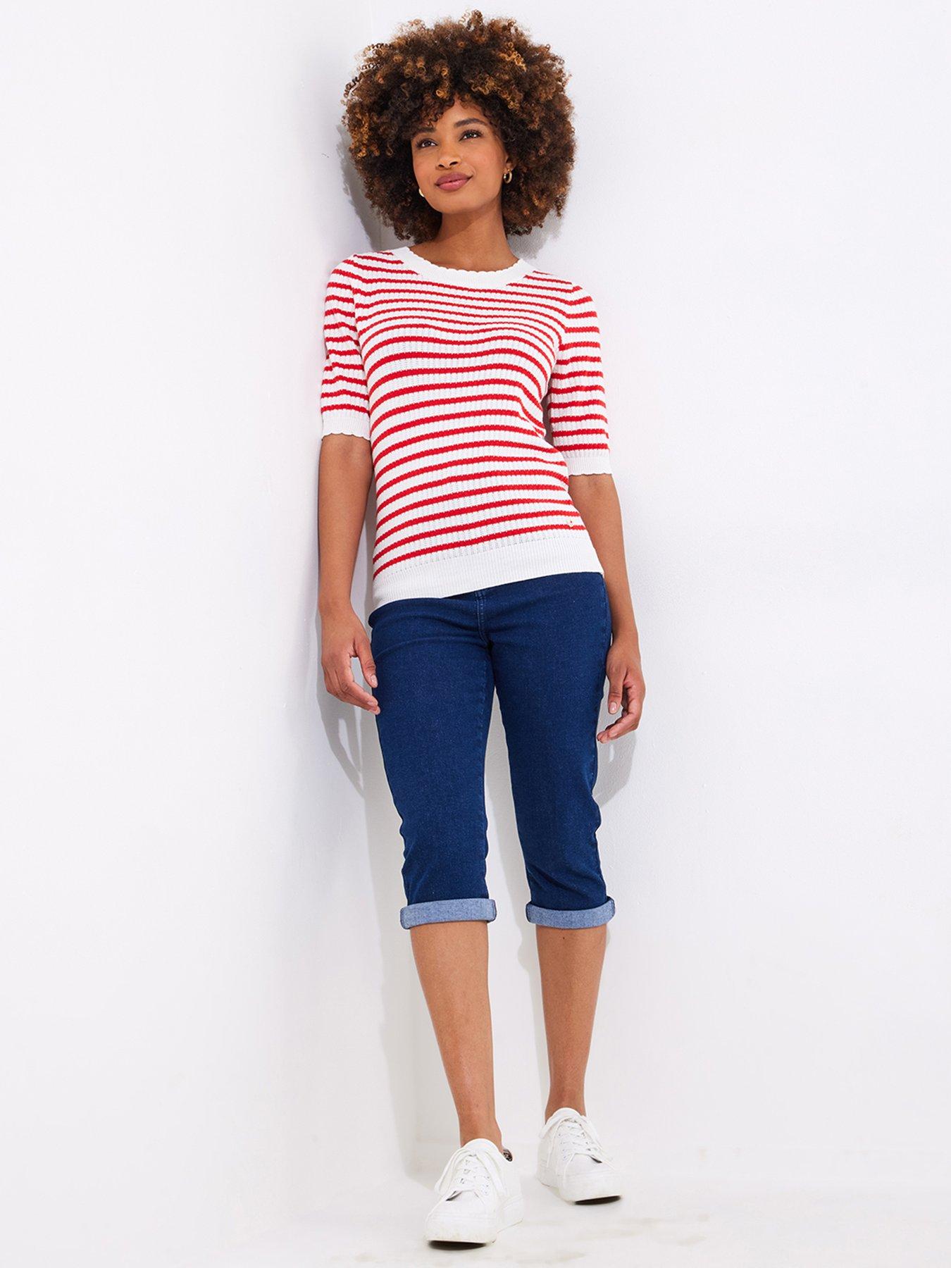  image of joe-browns-lucie-stripe-short-sleeve-knitted-top-red