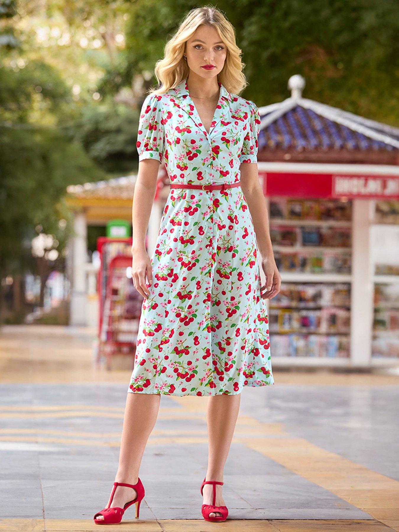 undefined Betty Belted Vintage Cherry Print Midi Dress - Blue