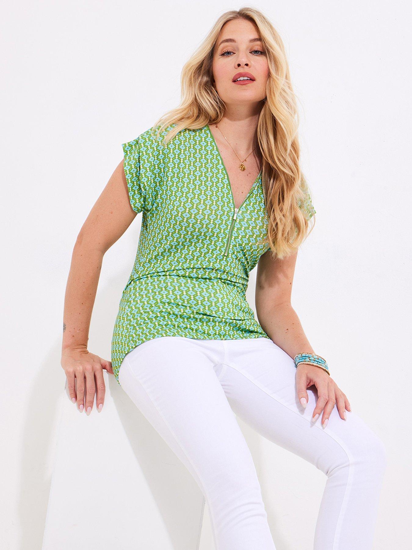 undefined Ciara Geo Print Zip Front Jersey Top - Green