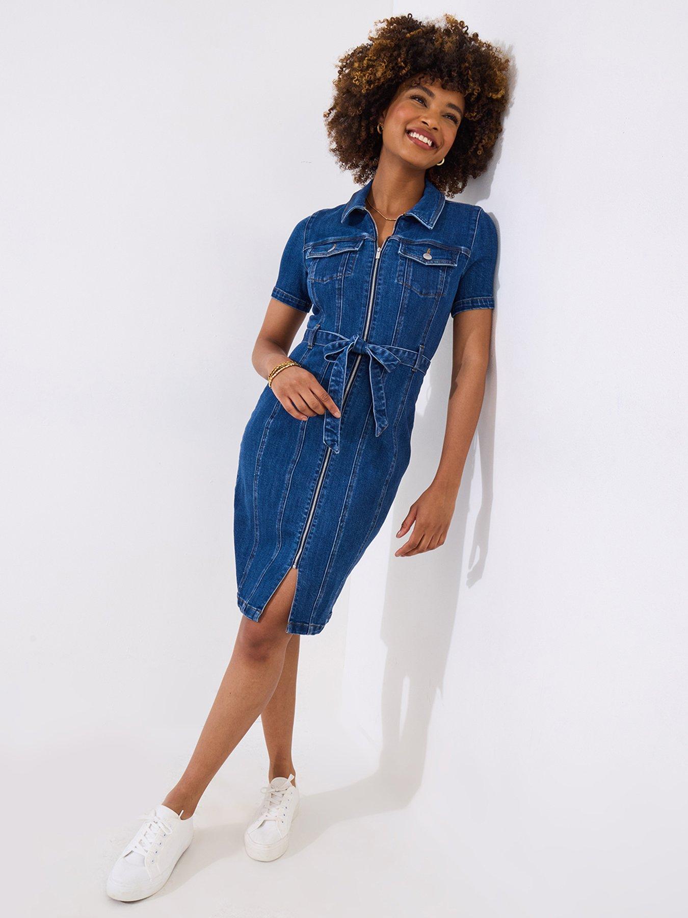 undefined Cindy Zip Through Stretch Denim Dress - Blue