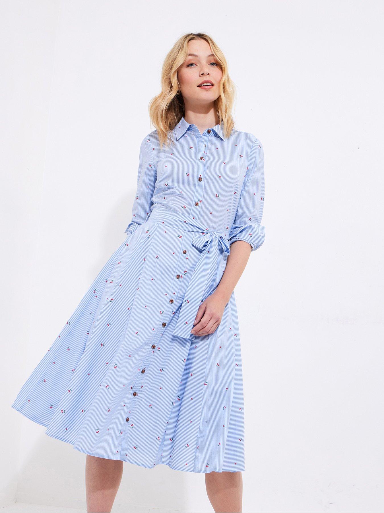 undefined Charming Cherry Cotton Shirt Dress - Blue