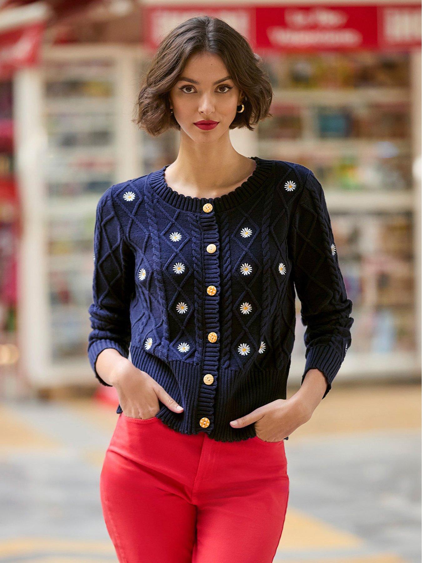  image of joe-browns-daisy-embroidered-cable-knit-cardigan-navy
