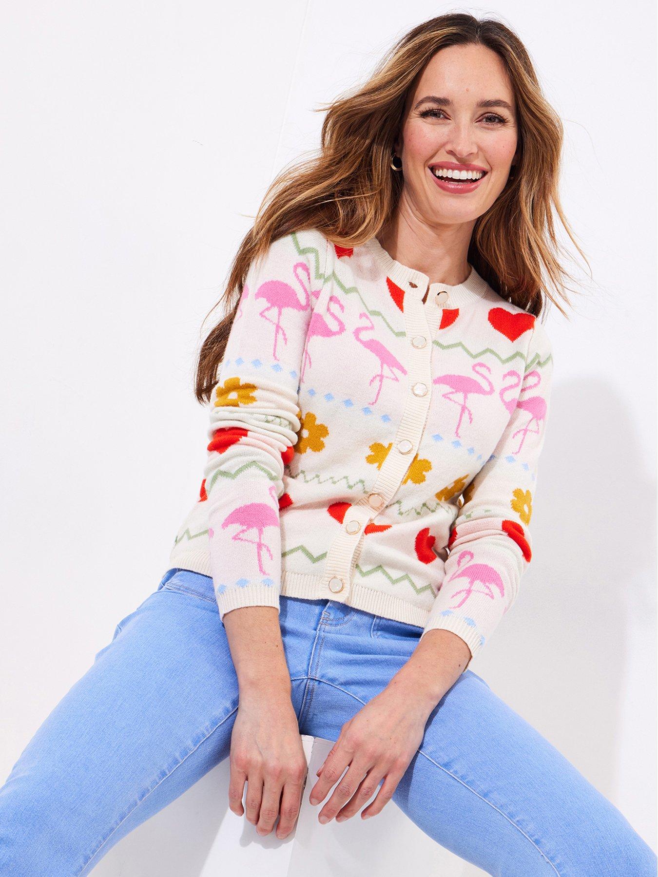  image of joe-browns-summer-fun-flamingo-patterned-cardigan-cream