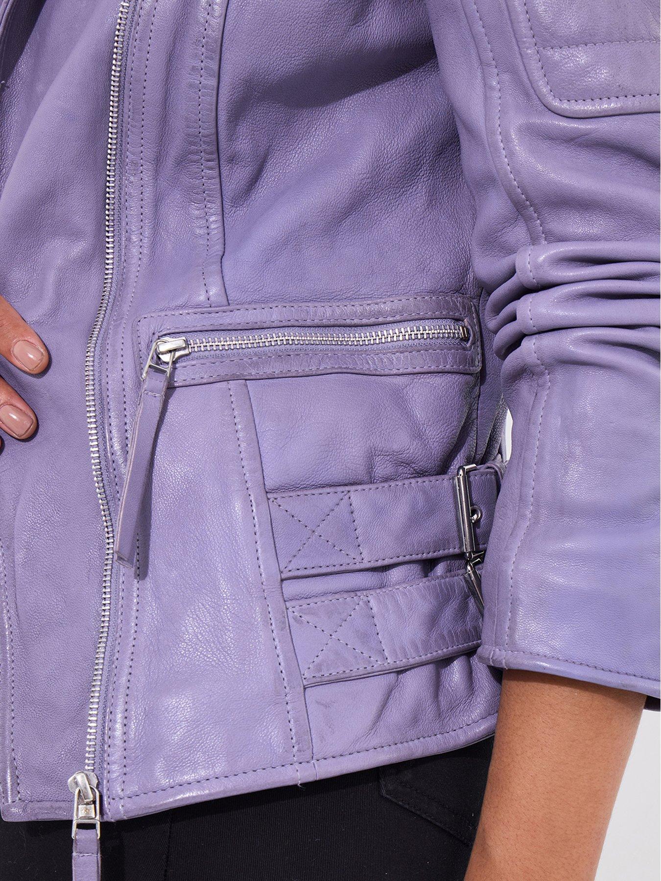  image of joe-browns-ruby-leather-collared-biker-jacket-lilac