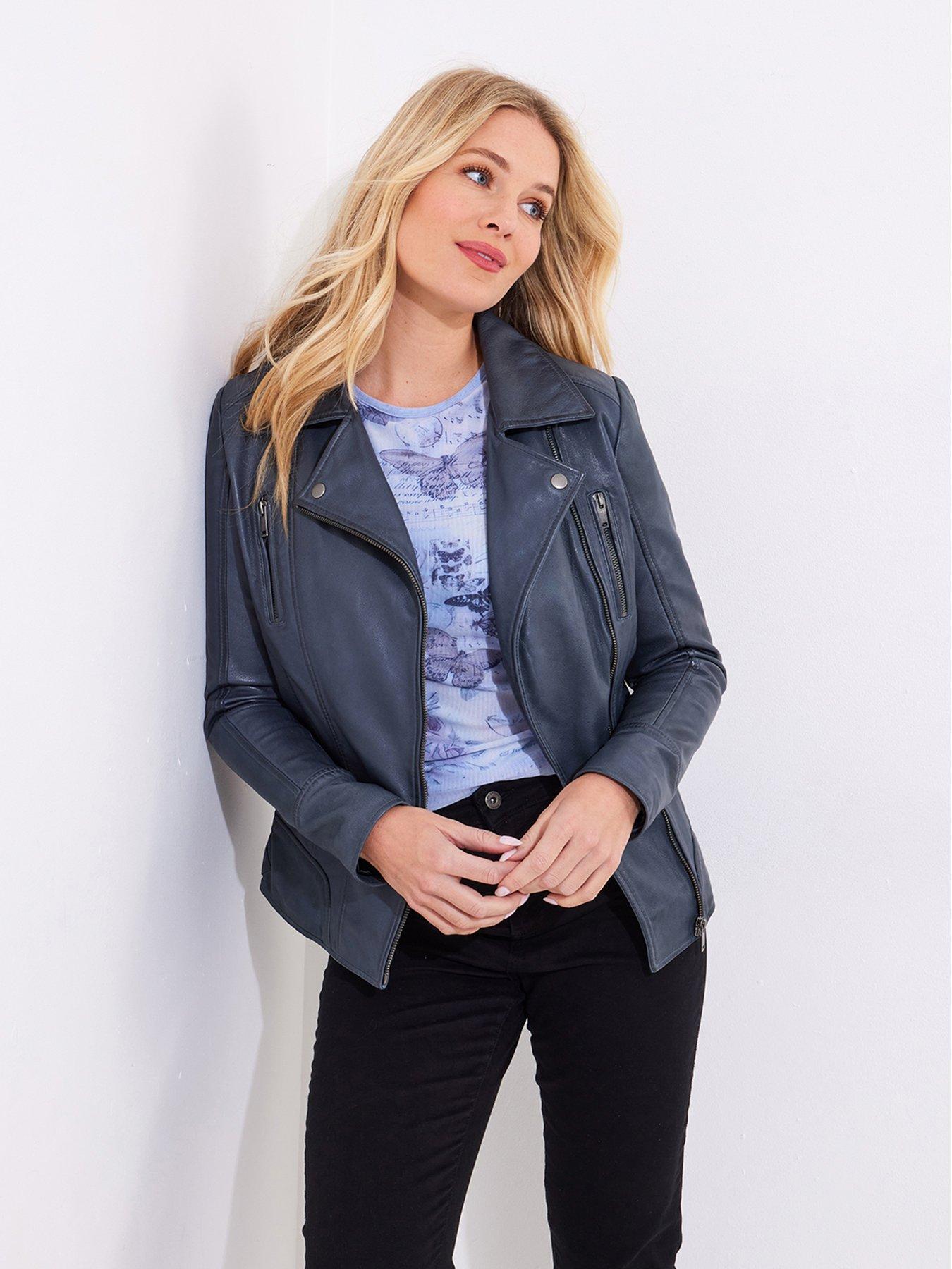 undefined Sophia Super Soft Leather Collared Biker Jacket - Grey