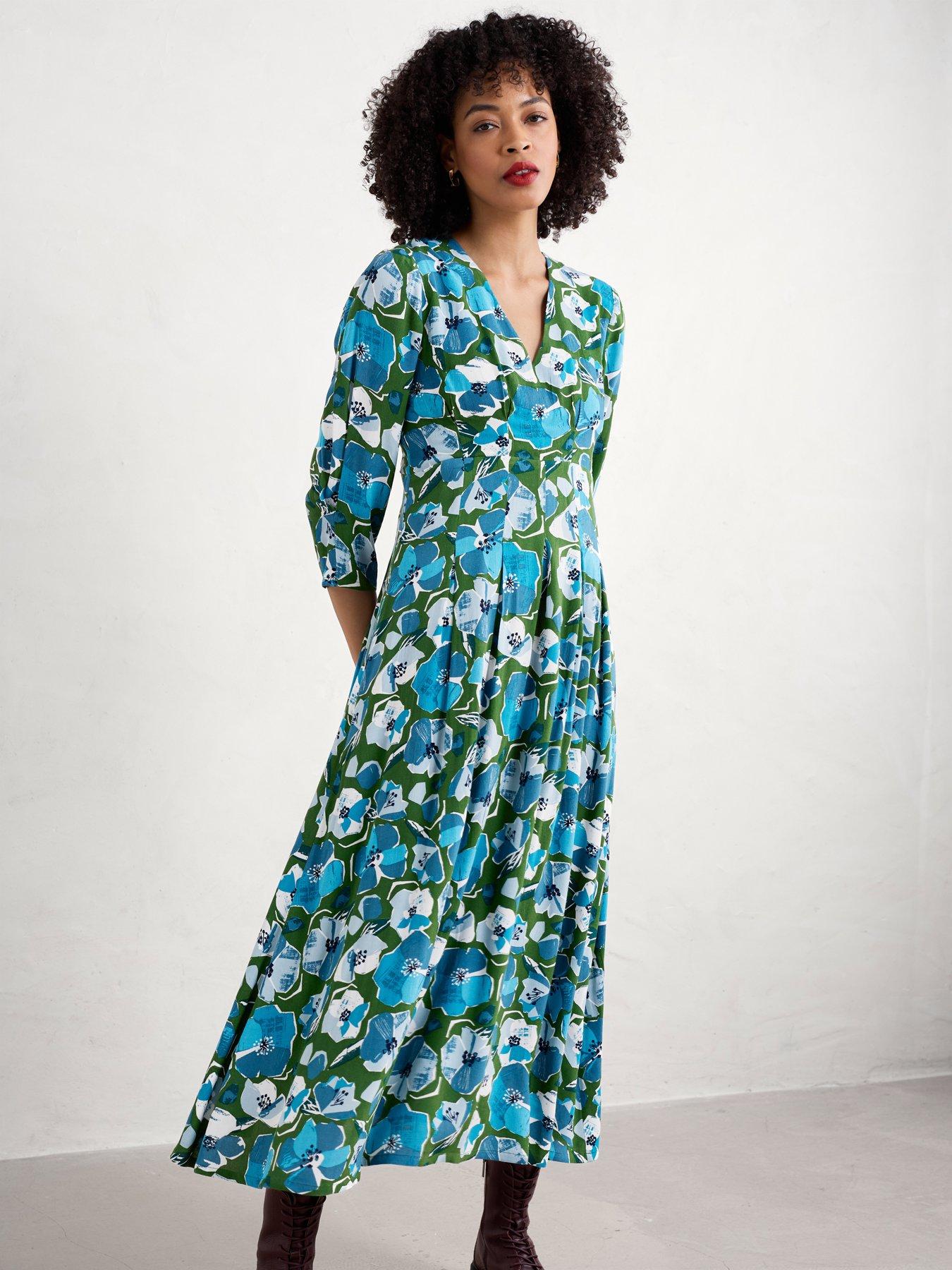  image of seasalt-cornwall-floral-waisted-maxi-dress-green