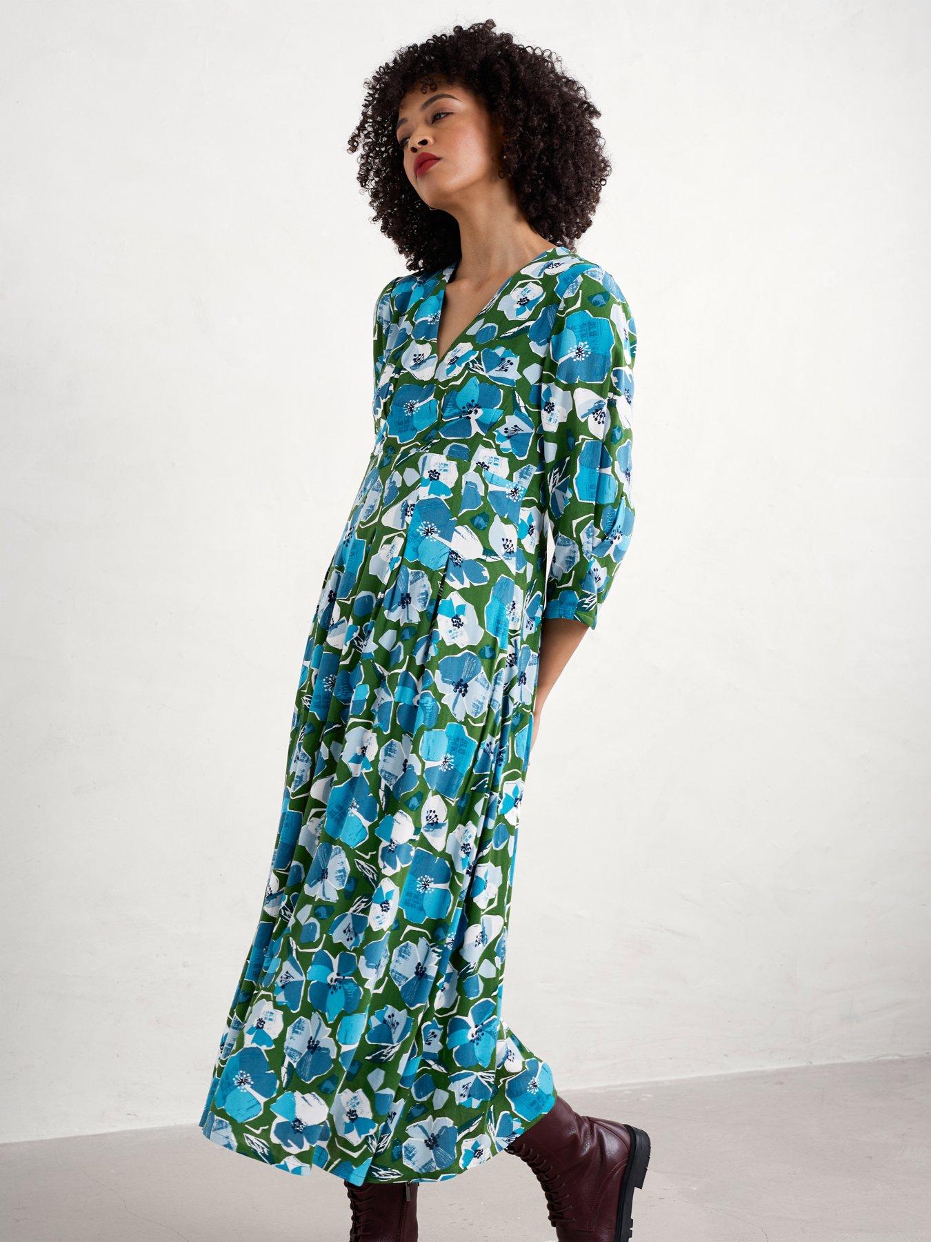  image of seasalt-cornwall-floral-waisted-maxi-dress-green