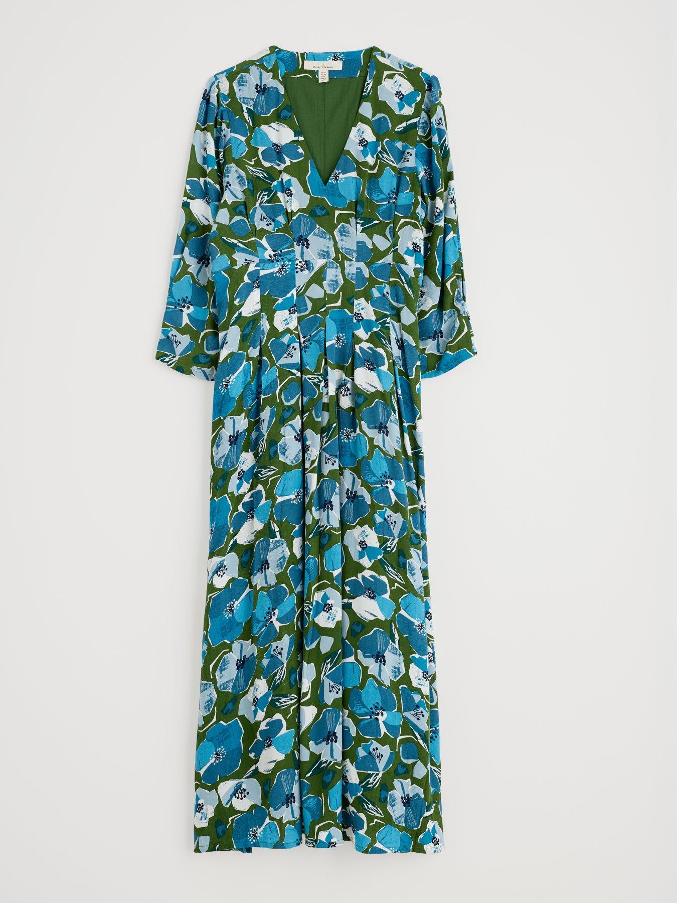  image of seasalt-cornwall-floral-waisted-maxi-dress-green