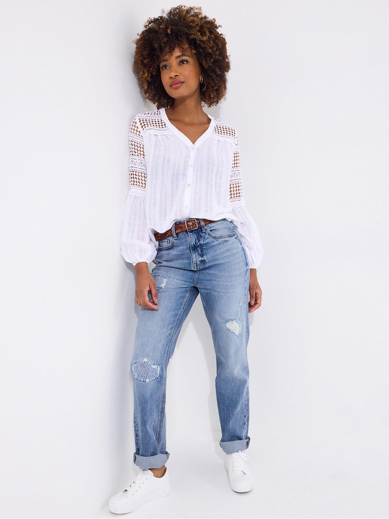 undefined Elsa Distressed Straight Leg Jeans - Blue