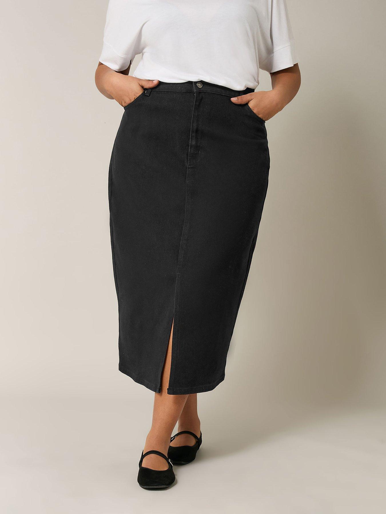 undefined Split Front Denim Skirt - Black