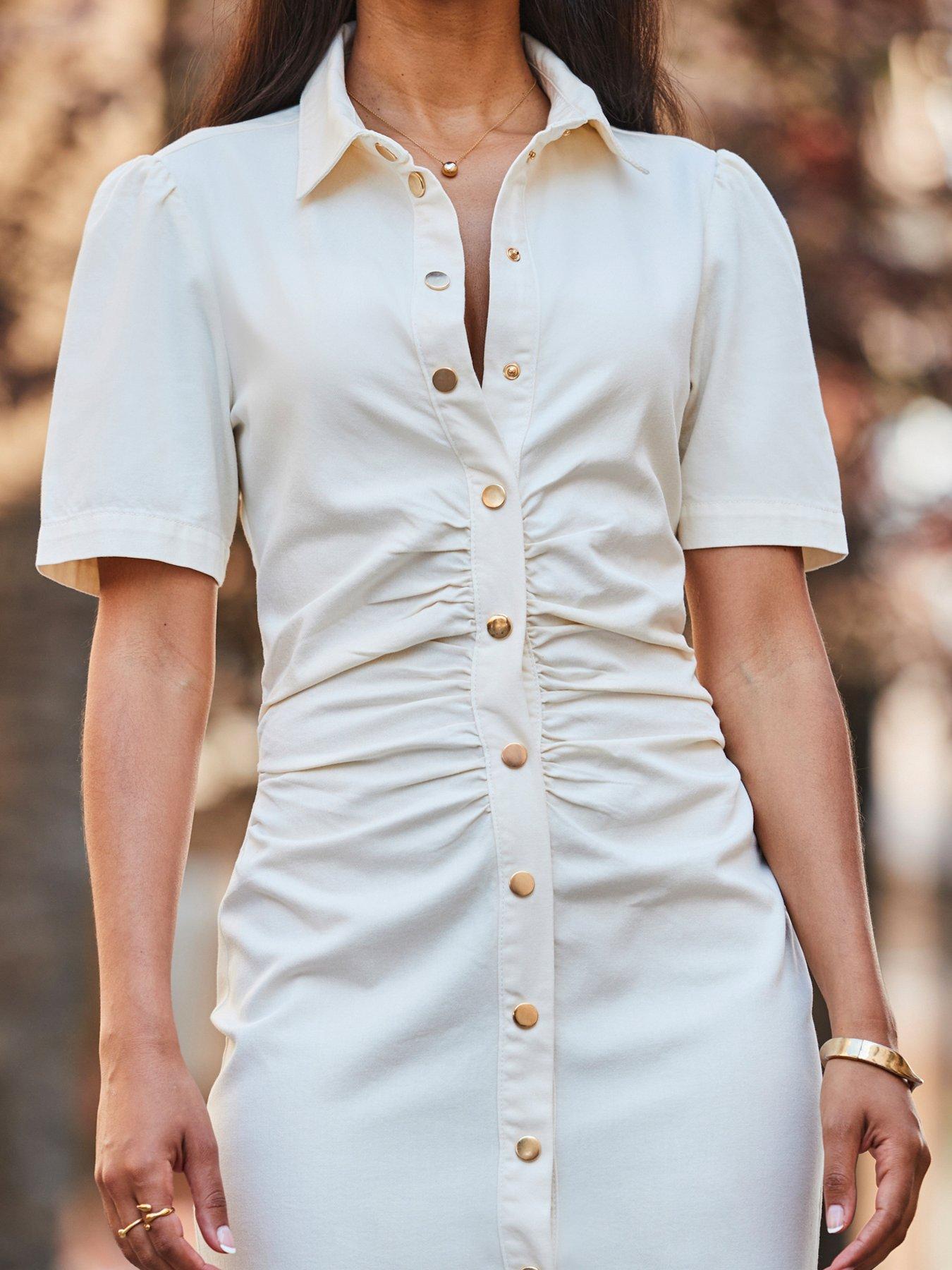  image of sosandar-ivory-ruched-waist-popper-front-denim-dress