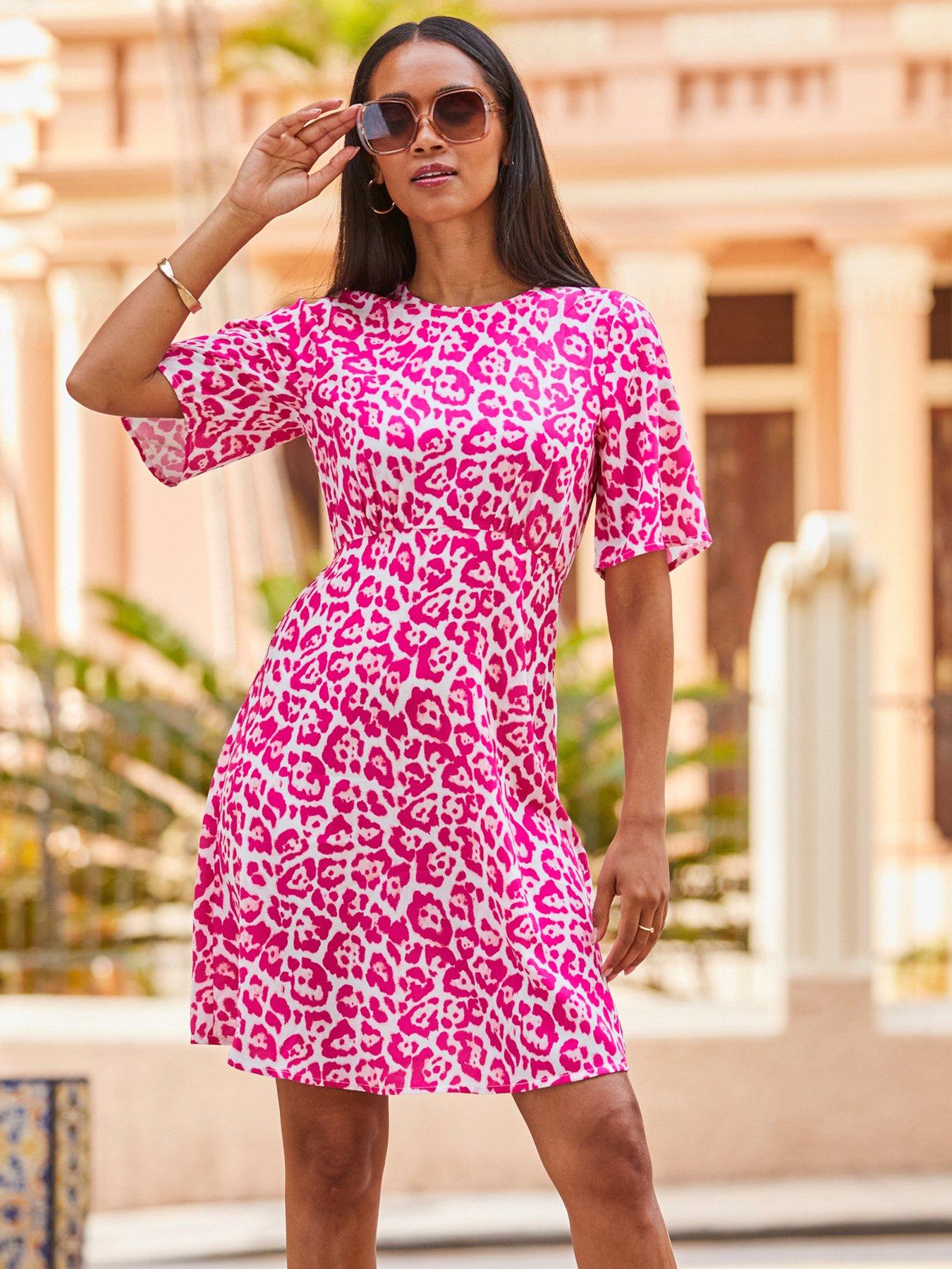 Sosandar Animal Print Fluted Sleeve Fit  &  Flare Dress - Pink