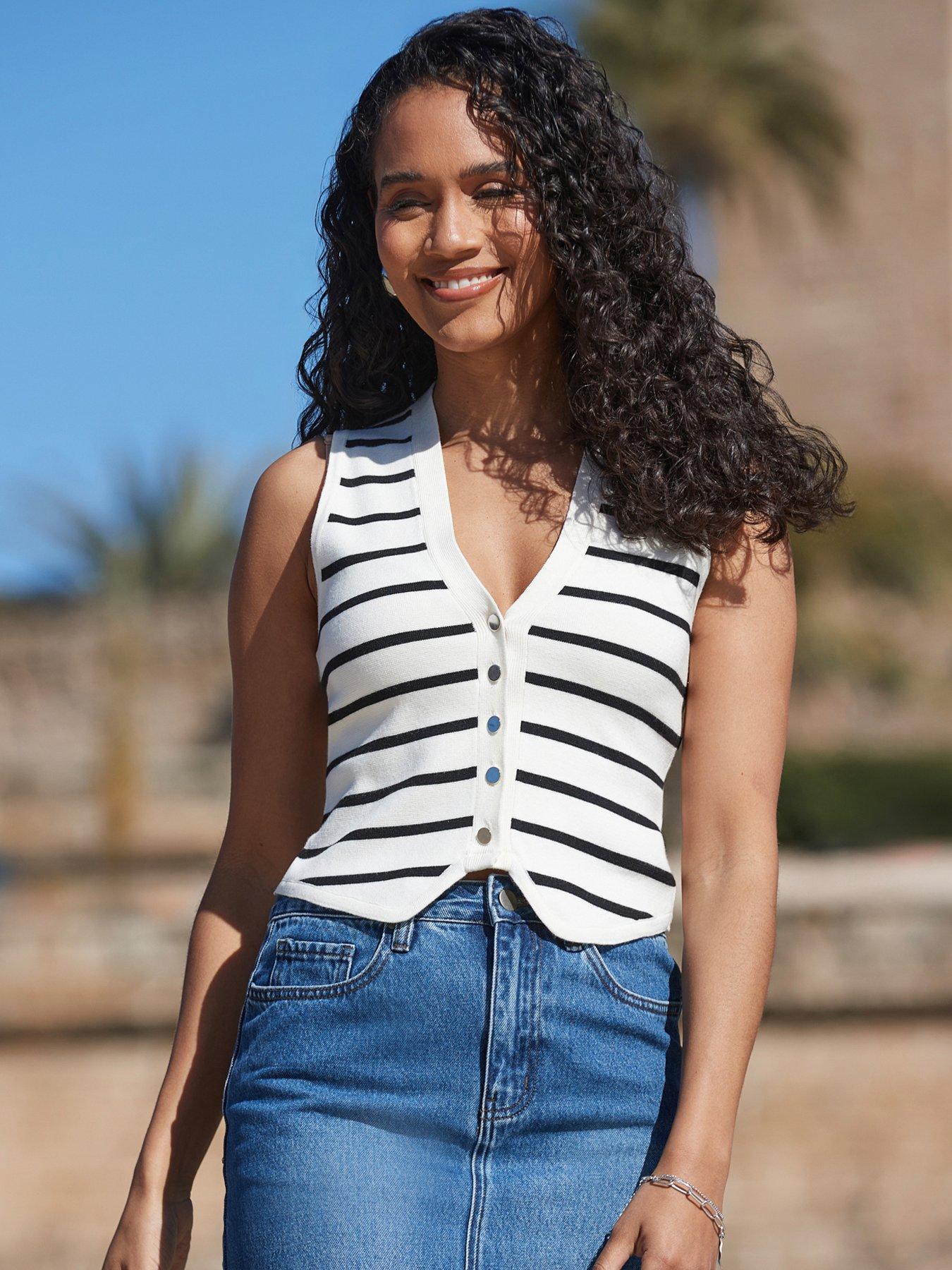  image of sosandar-ivory-black-stripe-knitted-waistcoat