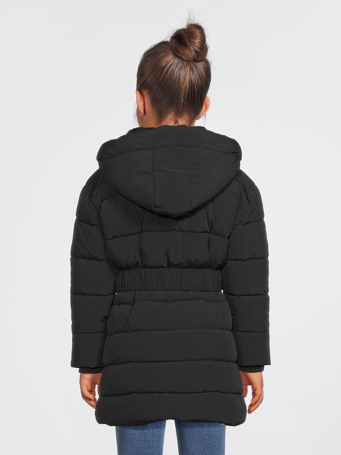 stillFront image of v-by-very-girls-hooded-belted-heavy-weight-coat-black