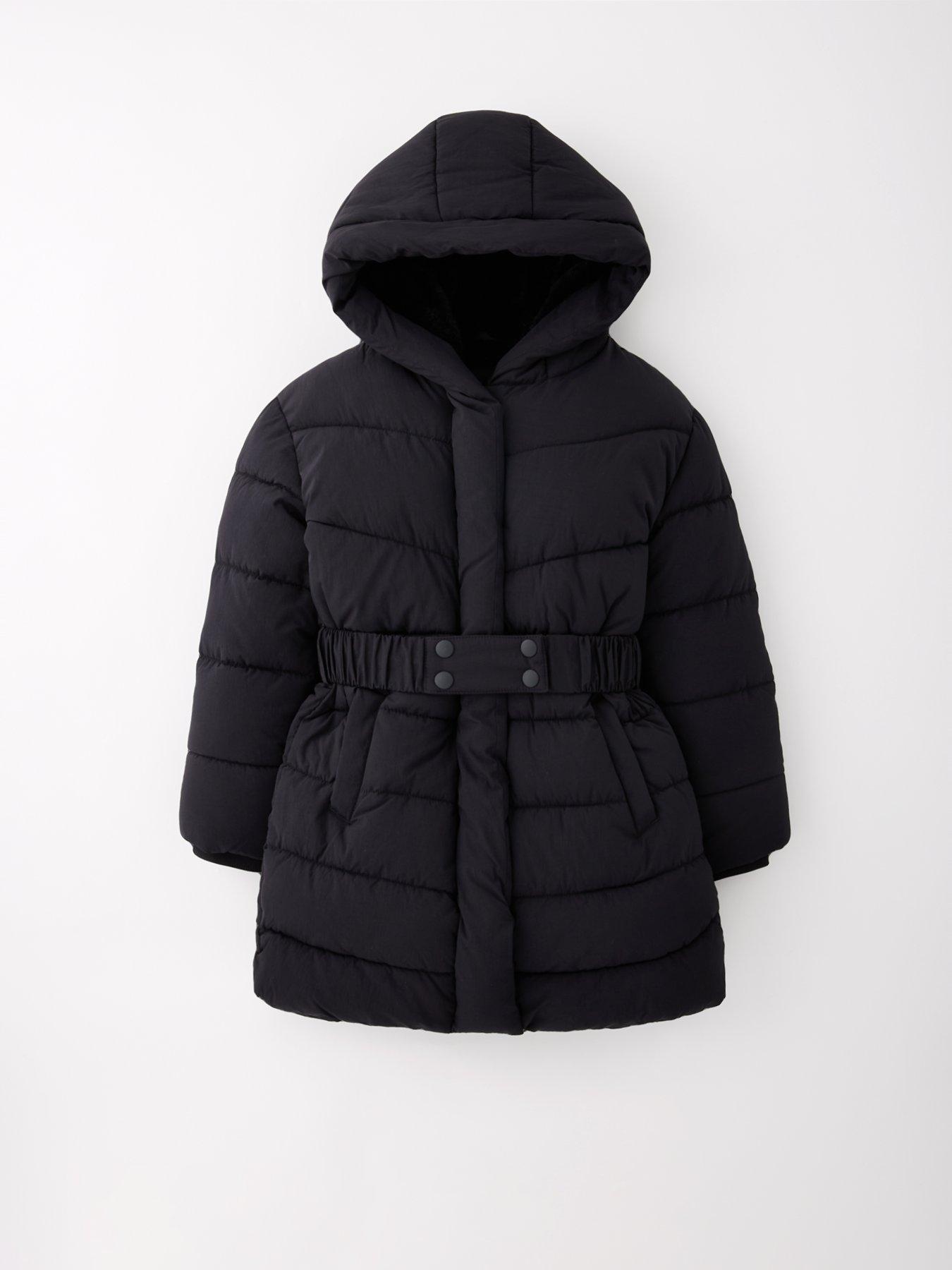  image of v-by-very-girls-hooded-belted-heavy-weight-coat-black