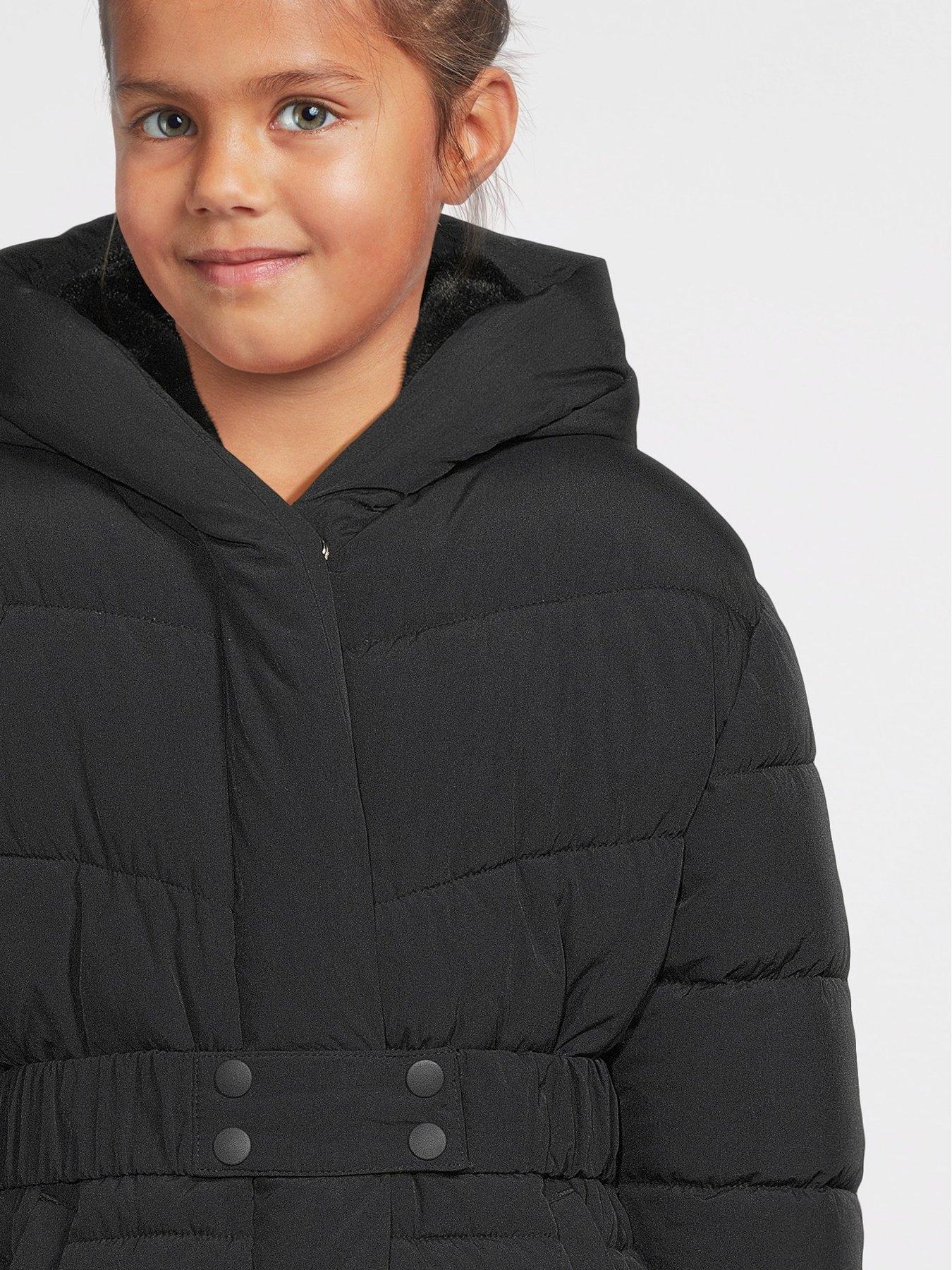  image of v-by-very-girls-hooded-belted-heavy-weight-coat-black