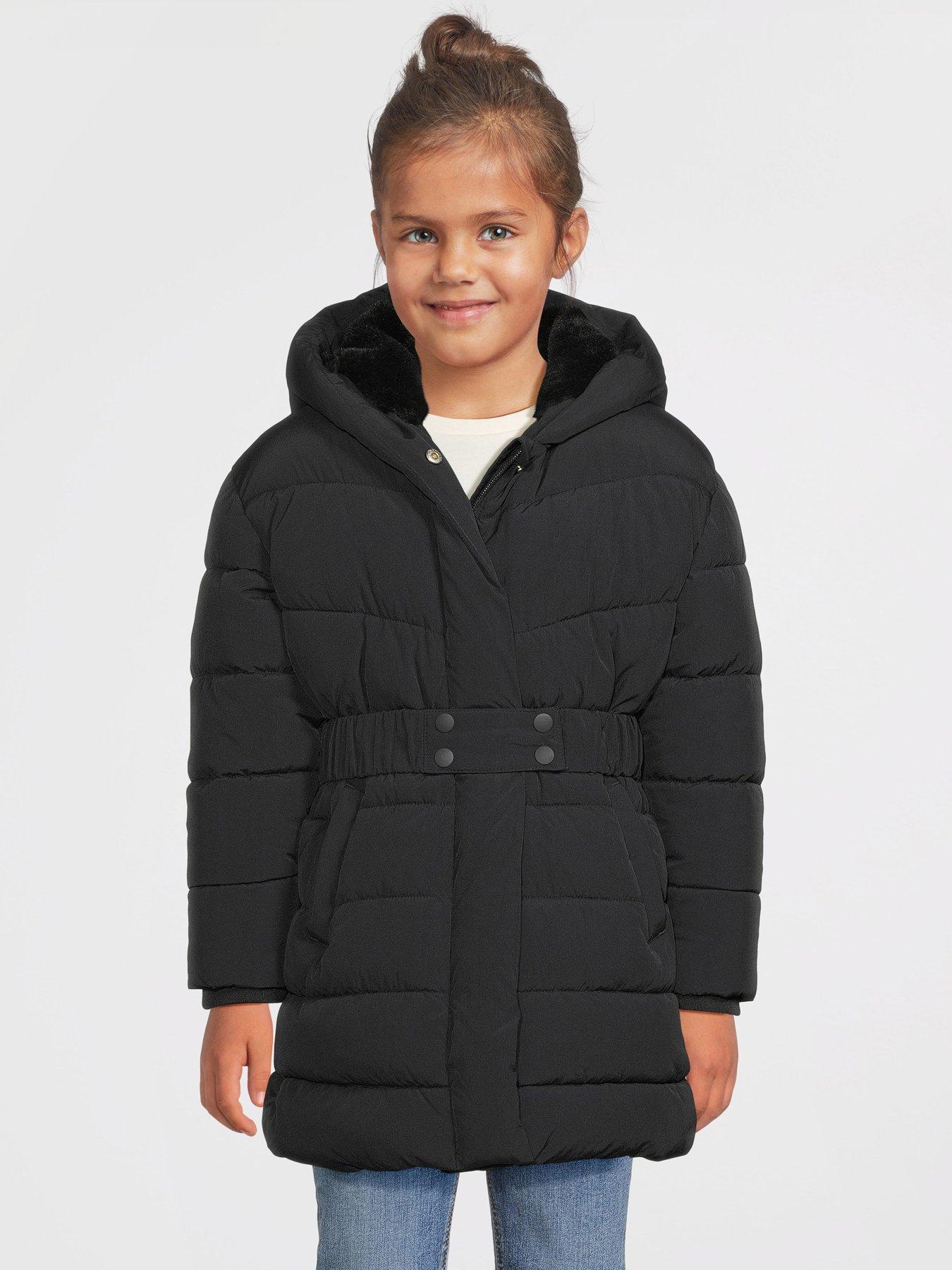  image of v-by-very-girls-hooded-belted-heavy-weight-coat-black