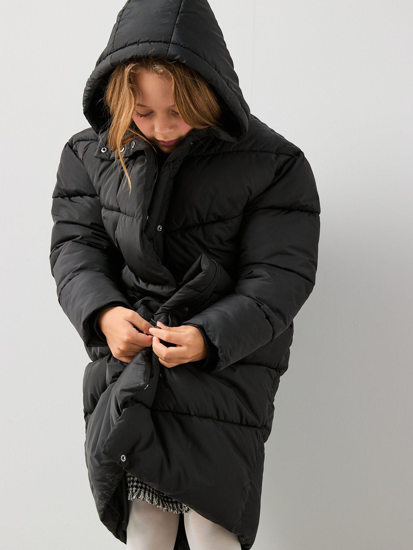  image of v-by-very-girls-longline-oversized-heavy-weight-padded-coat-black