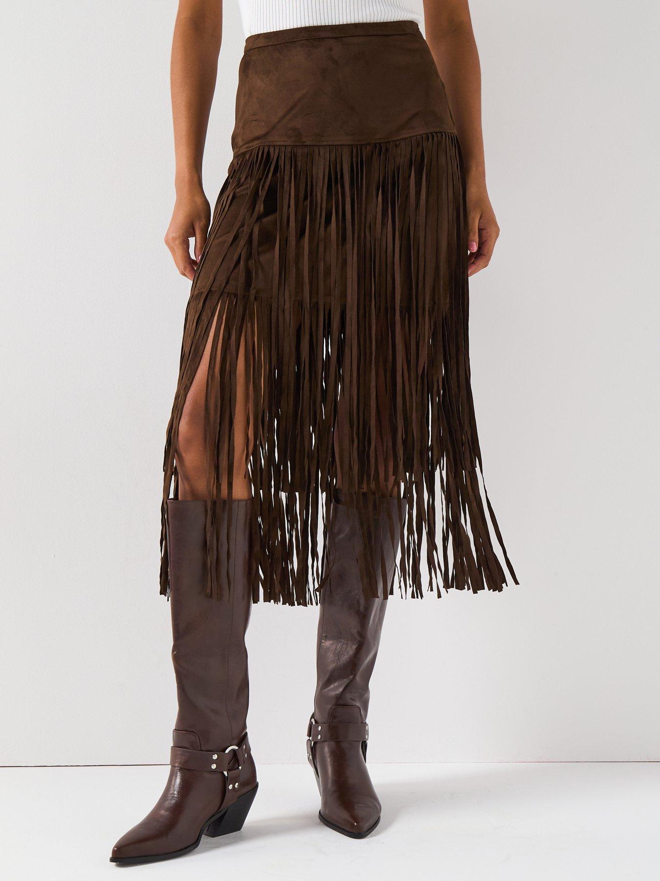 undefined Fringe Midi Skirt - Brown