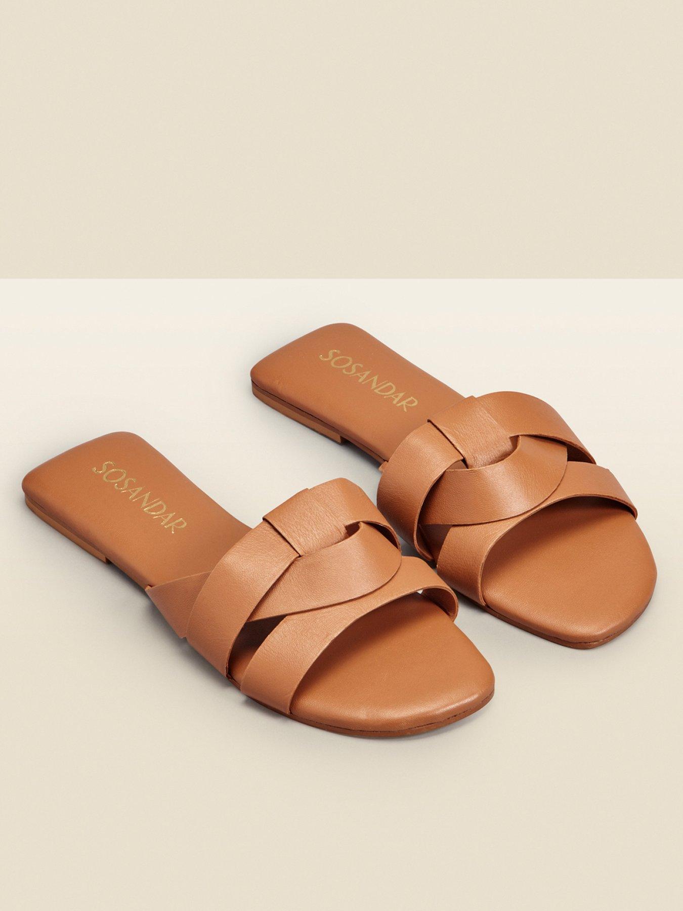 Sosandar Amore Leather Cross Strap Flat Mule Sandals - Tan